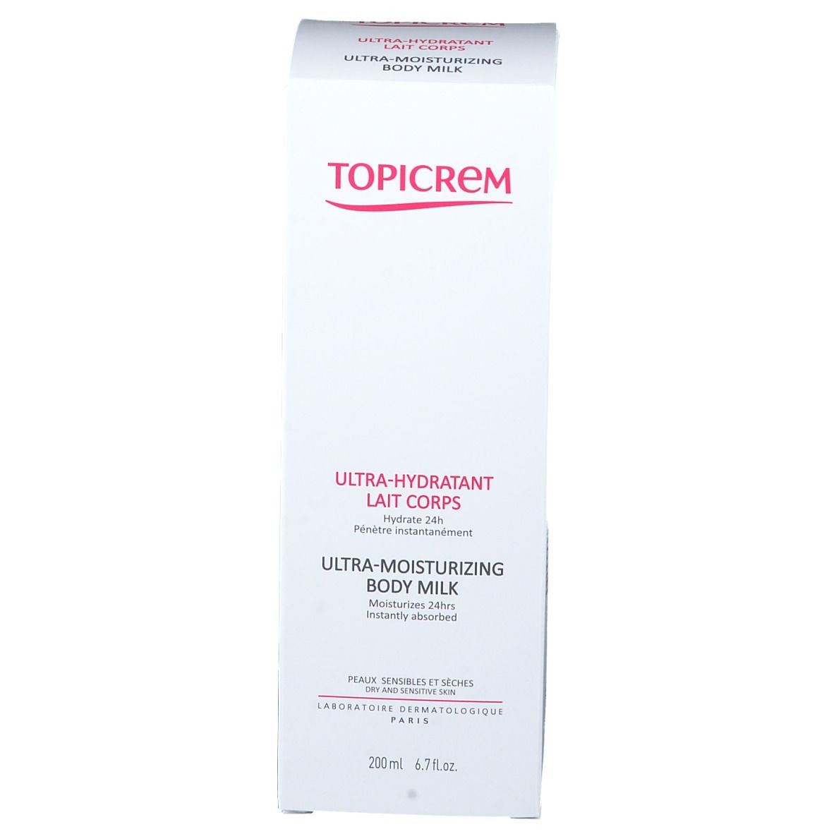 Emballage blanc. Inscription TOPICREM, Ultra-hydratant Lait Corps, Ultra-Moisturizing Body Milk. 200ml. Texte multilingue.