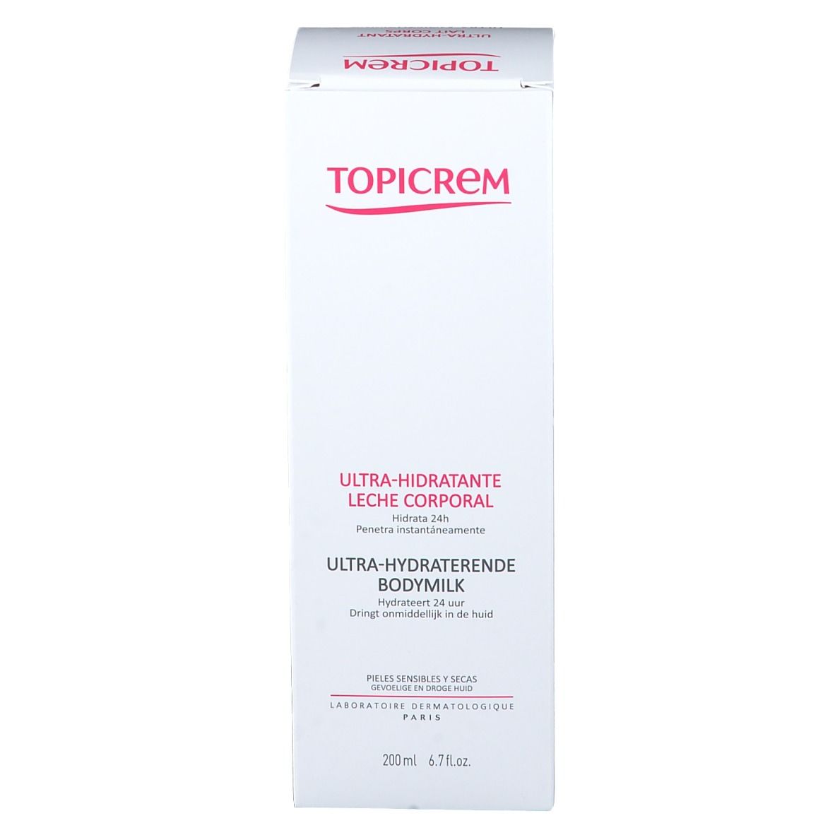 Emballage du produit. Inscription TOPICREM, Ultra-hydratante Lait Corps, Ultra-hydraterende Bodymilk. Texte multilingue. 200ml.
