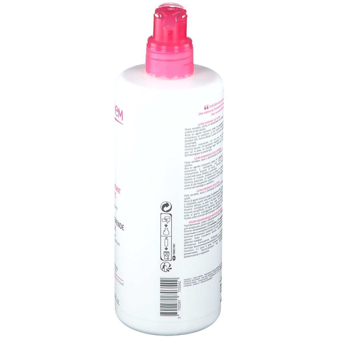 Witte fles, achterkant met tekst en symbolen. Barcode. Roze dop en pomp.