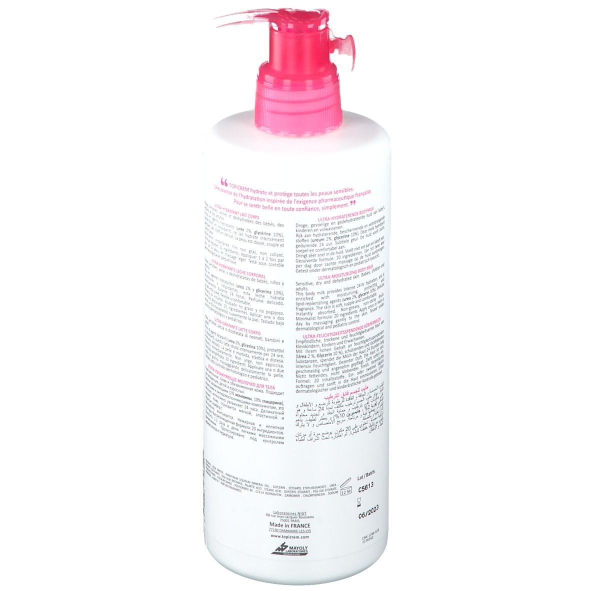 Witte fles, achterkant met tekst. Roze dop en pomp. Barcode.