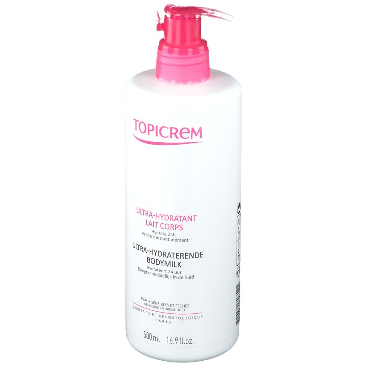 Witte fles met roze pomp. Tekst: TOPICREM, ULTRA-HYDRATANT LAIT CORPS, ULTRA-HYDRATERENDE BODYMILK. 500 ml.