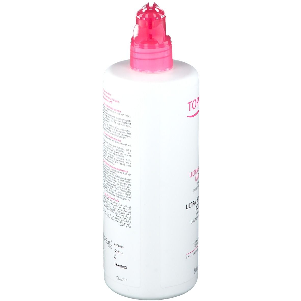 Witte fles, achterkant met tekst. Roze dop en pomp. Tekst: TOPICREM, 500 ml.