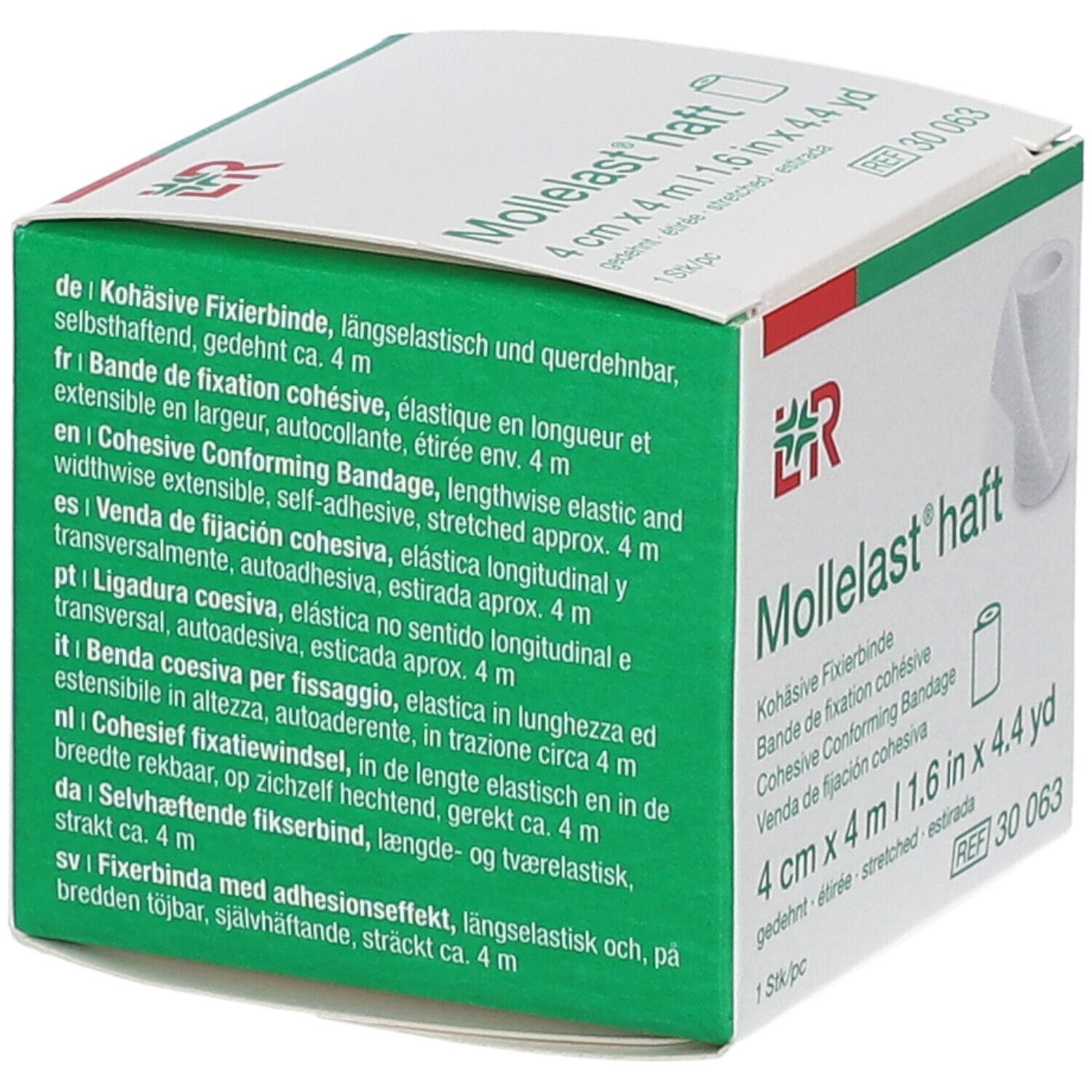 Groen-witte verpakking van Mollelast haft. Meertalige tekst. 4 cm x 4 m. Logo en productnaam zichtbaar.