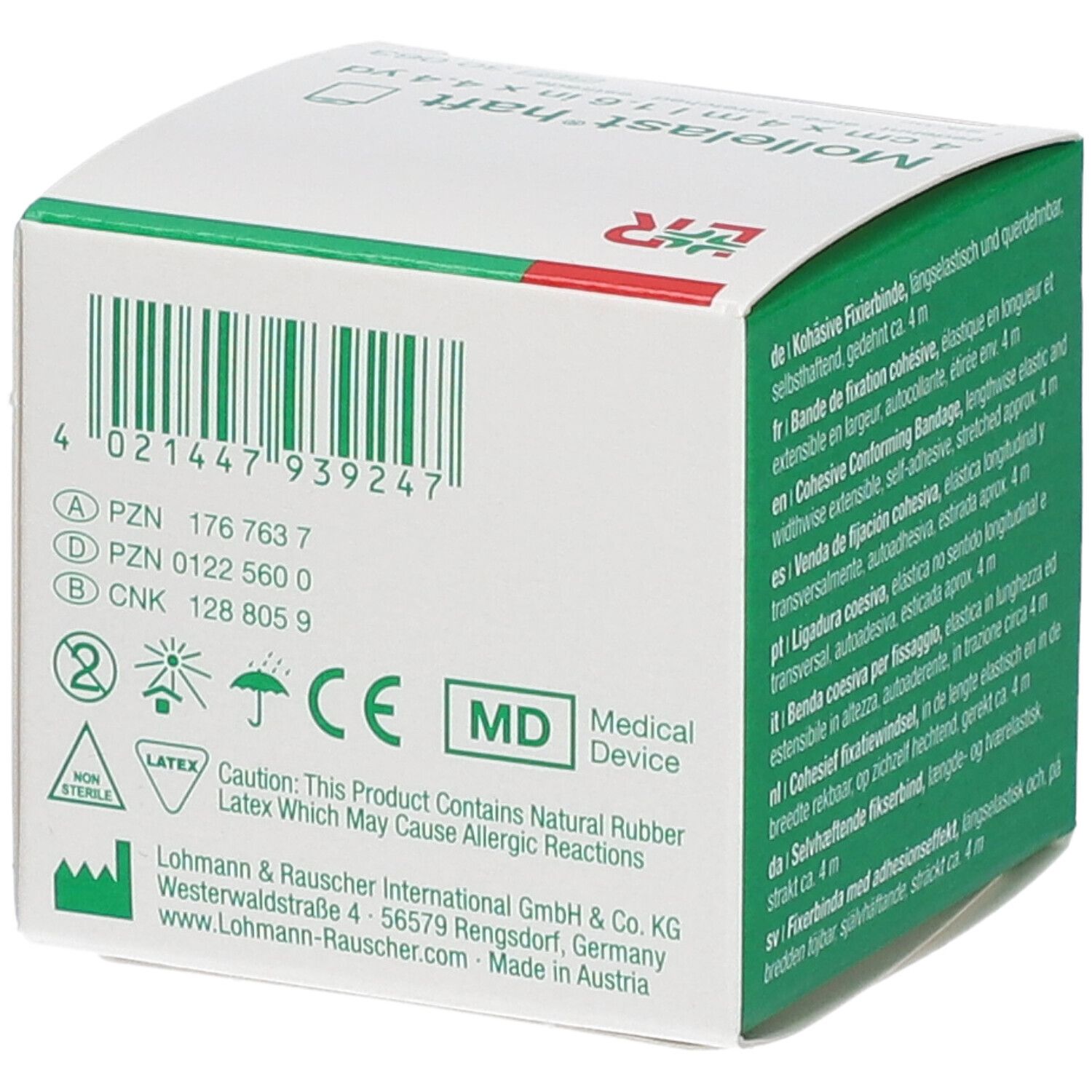 Achterkant van de verpakking van Mollelast haft. Barcode, certificeringen en fabrikantinfo. Medisch hulpmiddel.