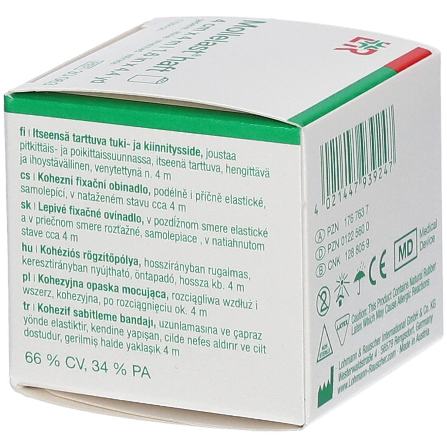 Hoek van de verpakking van Mollelast haft. Meertalige tekst. Medisch hulpmiddel. Latex waarschuwing.