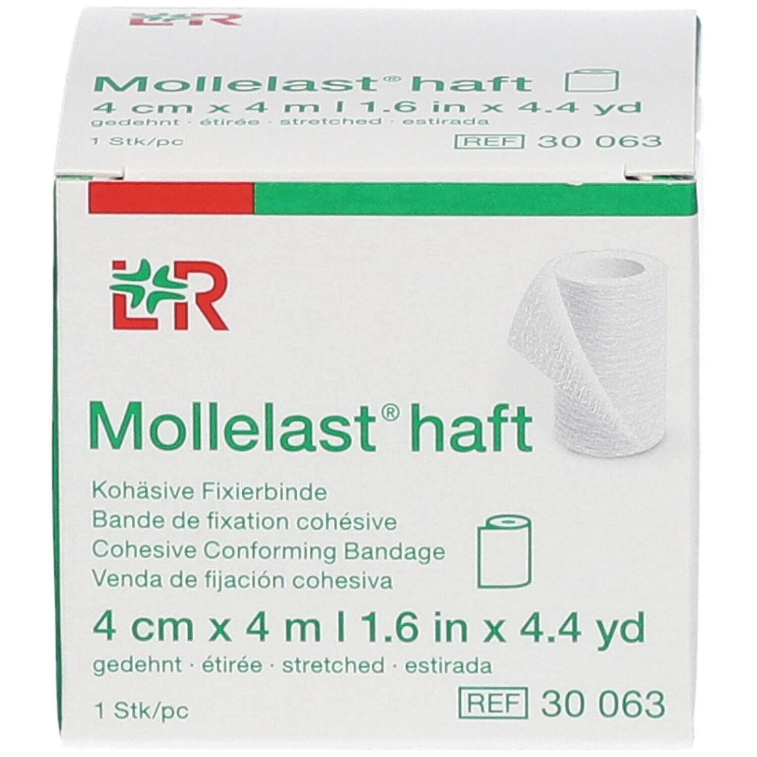 Verpakking van Mollelast haft. Witte doos met groene accenten. Productnaam en afbeelding van de rol.