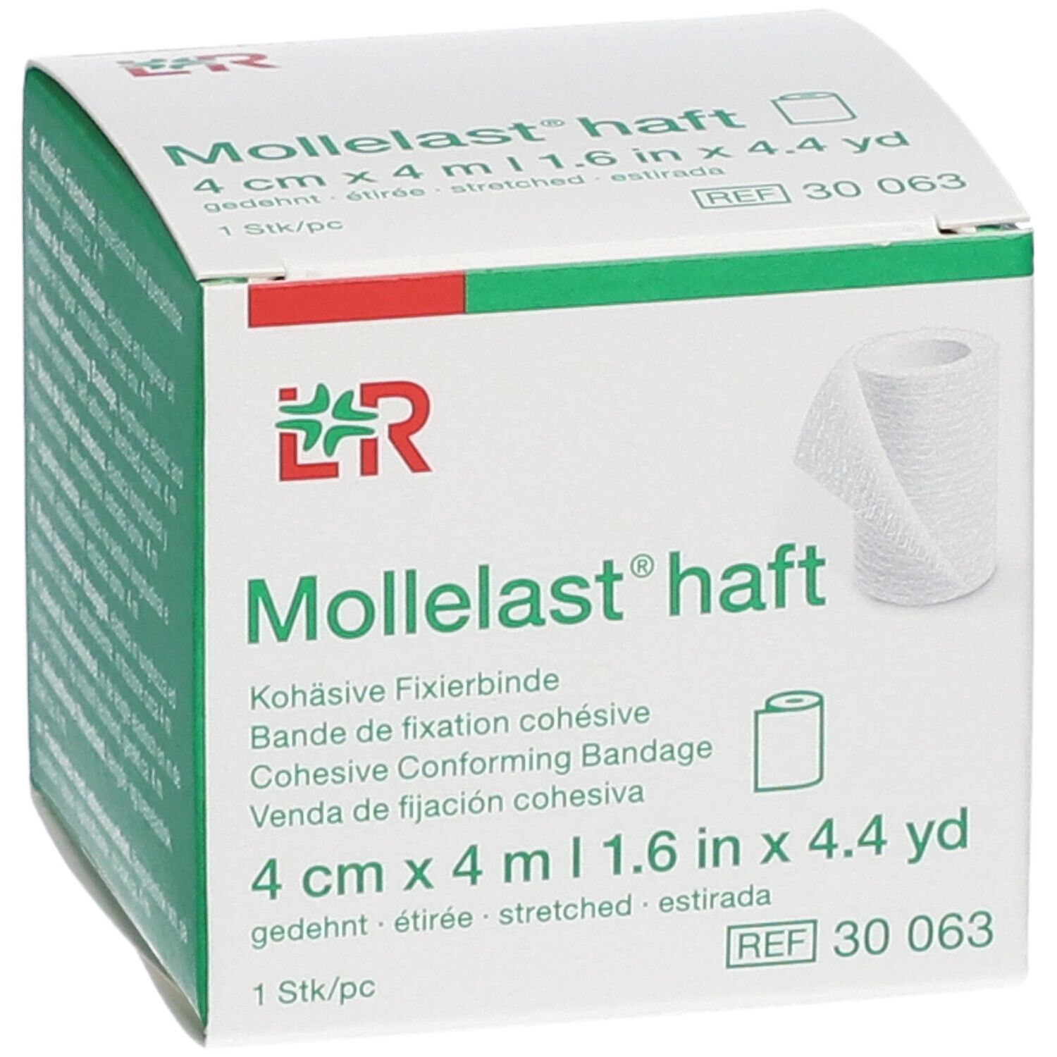 Verpakking van Mollelast haft. Witte doos met groene accenten. Productnaam en afbeelding van de rol.