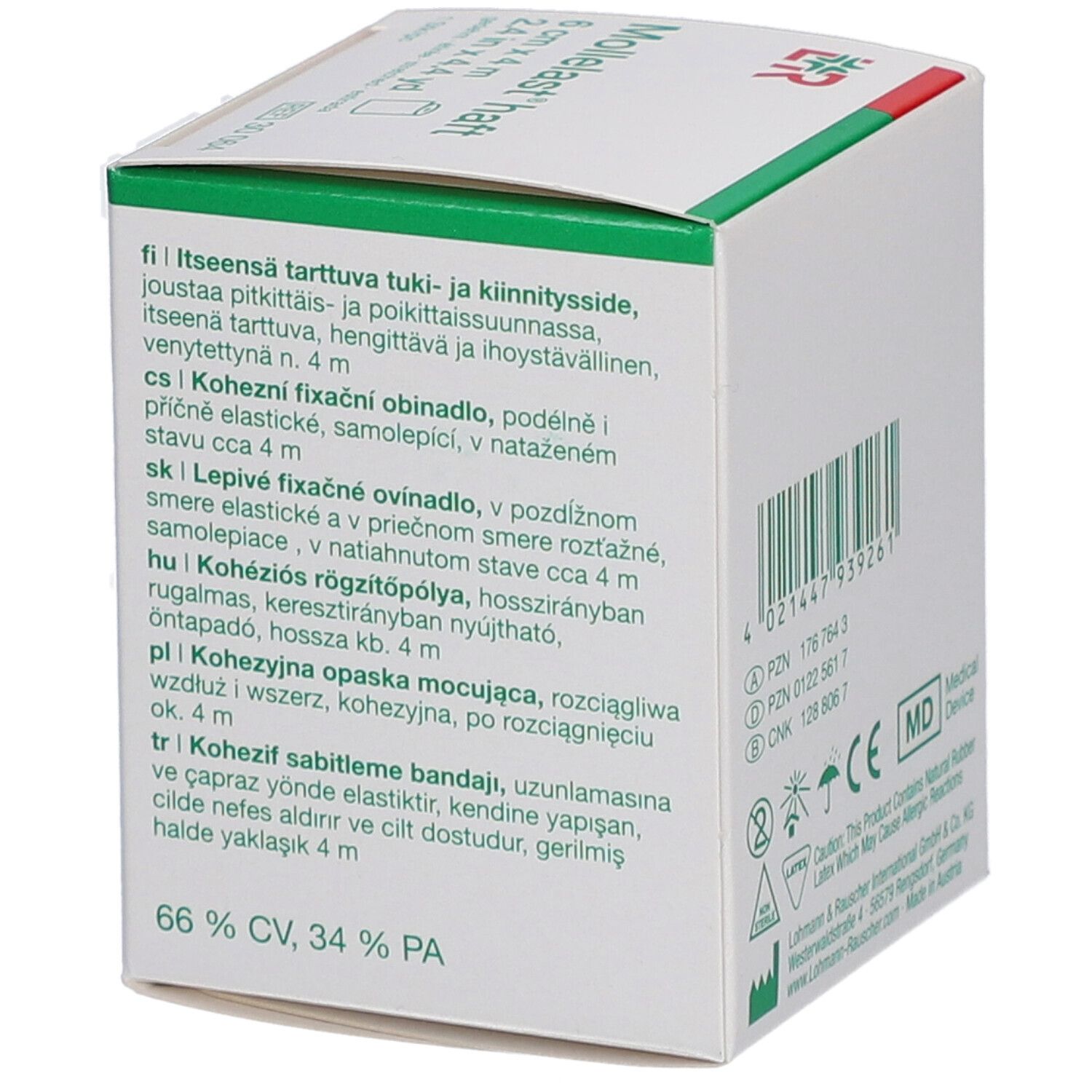 Achterkant van de verpakking van Mollelast haft. Meertalige tekst. Barcode en certificeringen.
