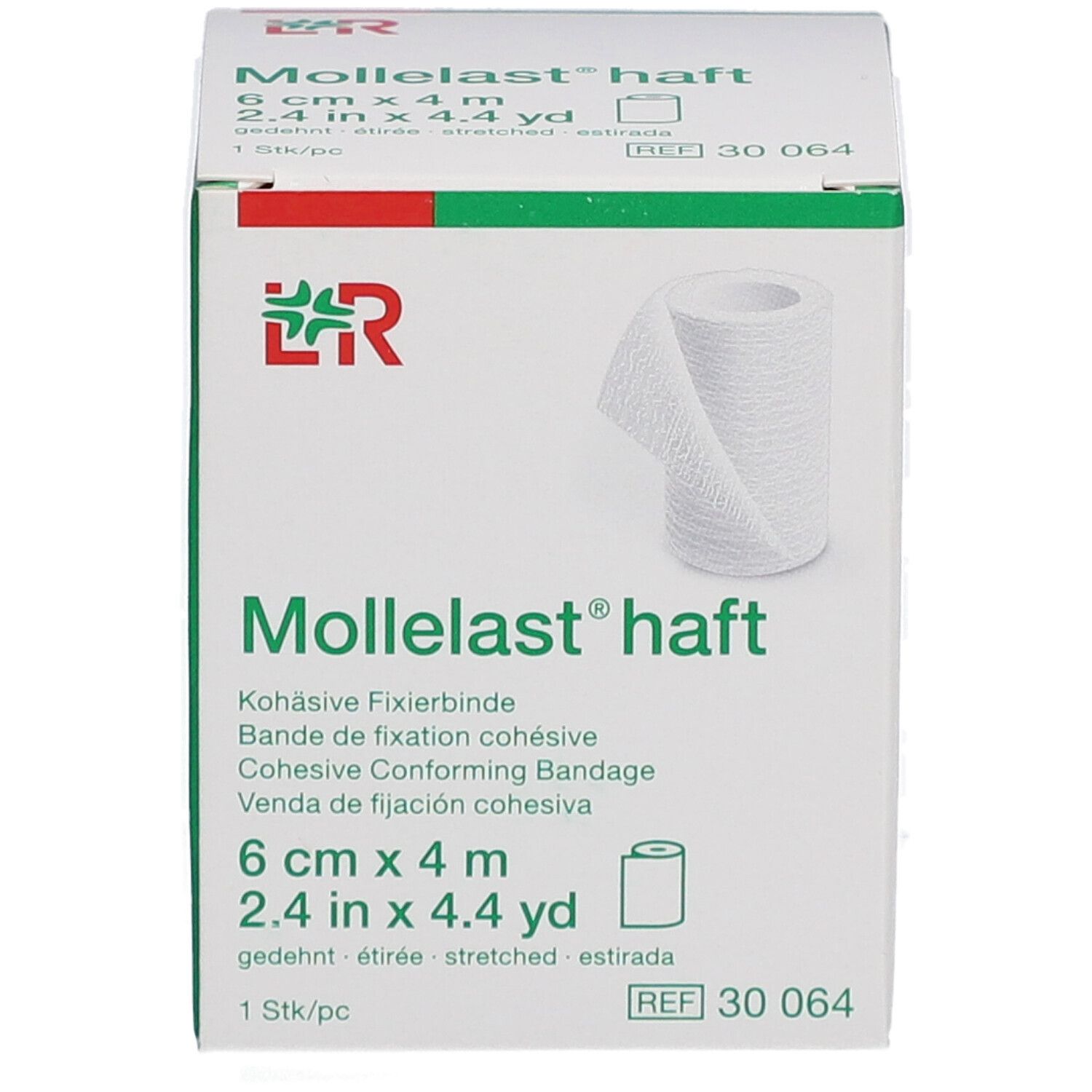 Verpakking van Mollelast haft. Cohesieve fixatiezwachtel. 6 cm x 4 m. Wit verband afgebeeld op de verpakking.