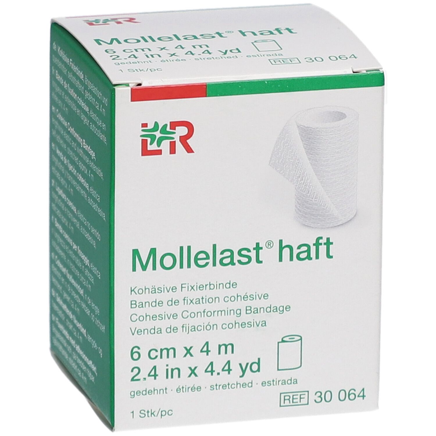 Verpakking van Mollelast haft. Cohesieve fixatiezwachtel. 6 cm x 4 m. Wit verband afgebeeld op de verpakking.