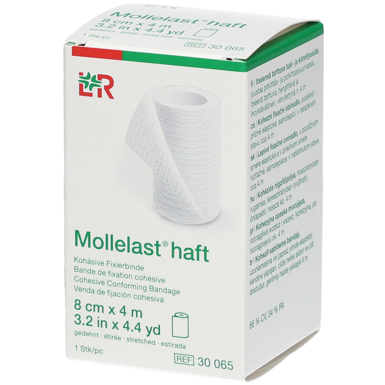 Boîte de bandage de fixation cohésif blanc. Dimensions : 8 cm x 4 m. Rouleau partiellement déroulé.