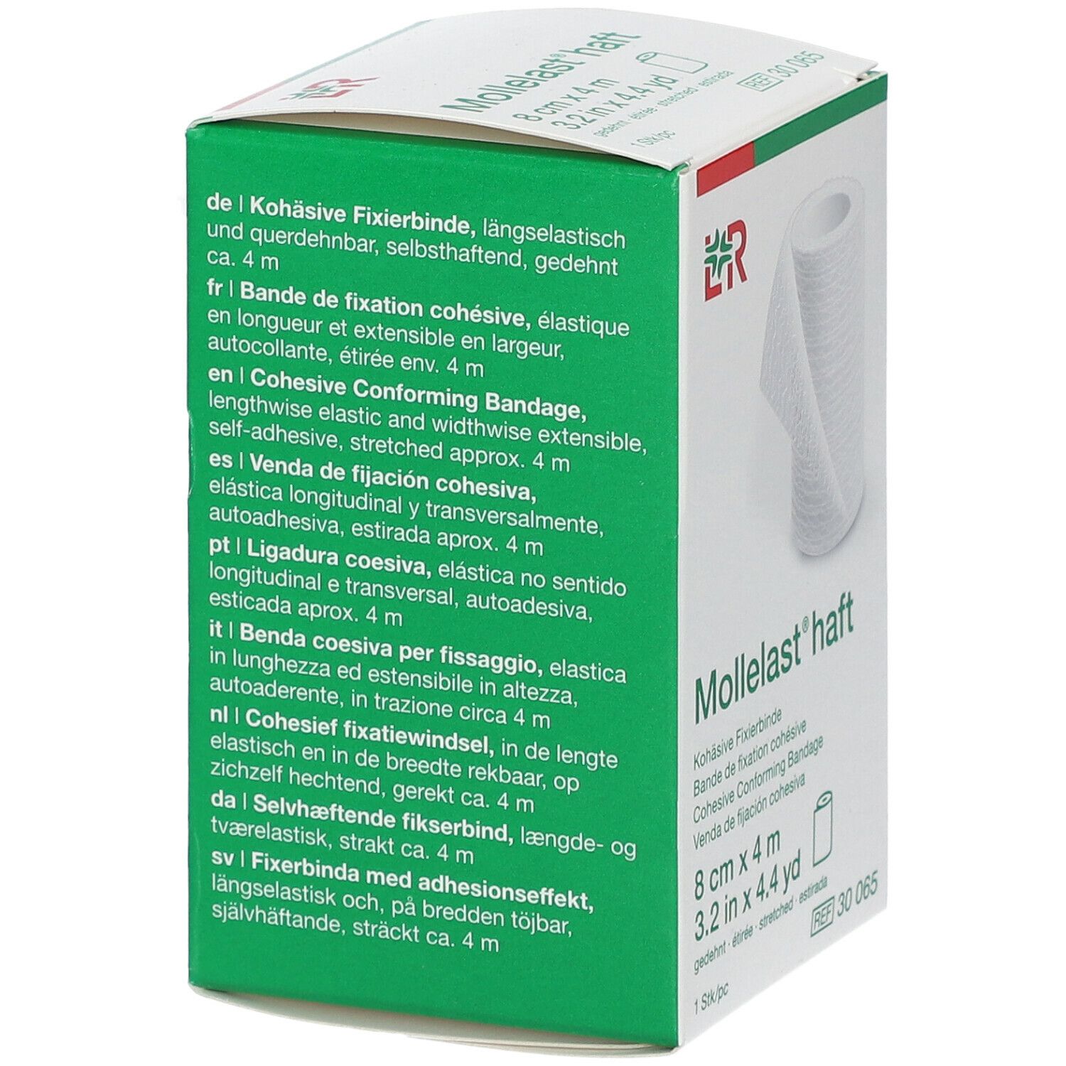 Emballage avec texte multilingue. Nom du produit : Mollelast haft. Dimensions : 8 cm x 4 m. Logo du fabricant.