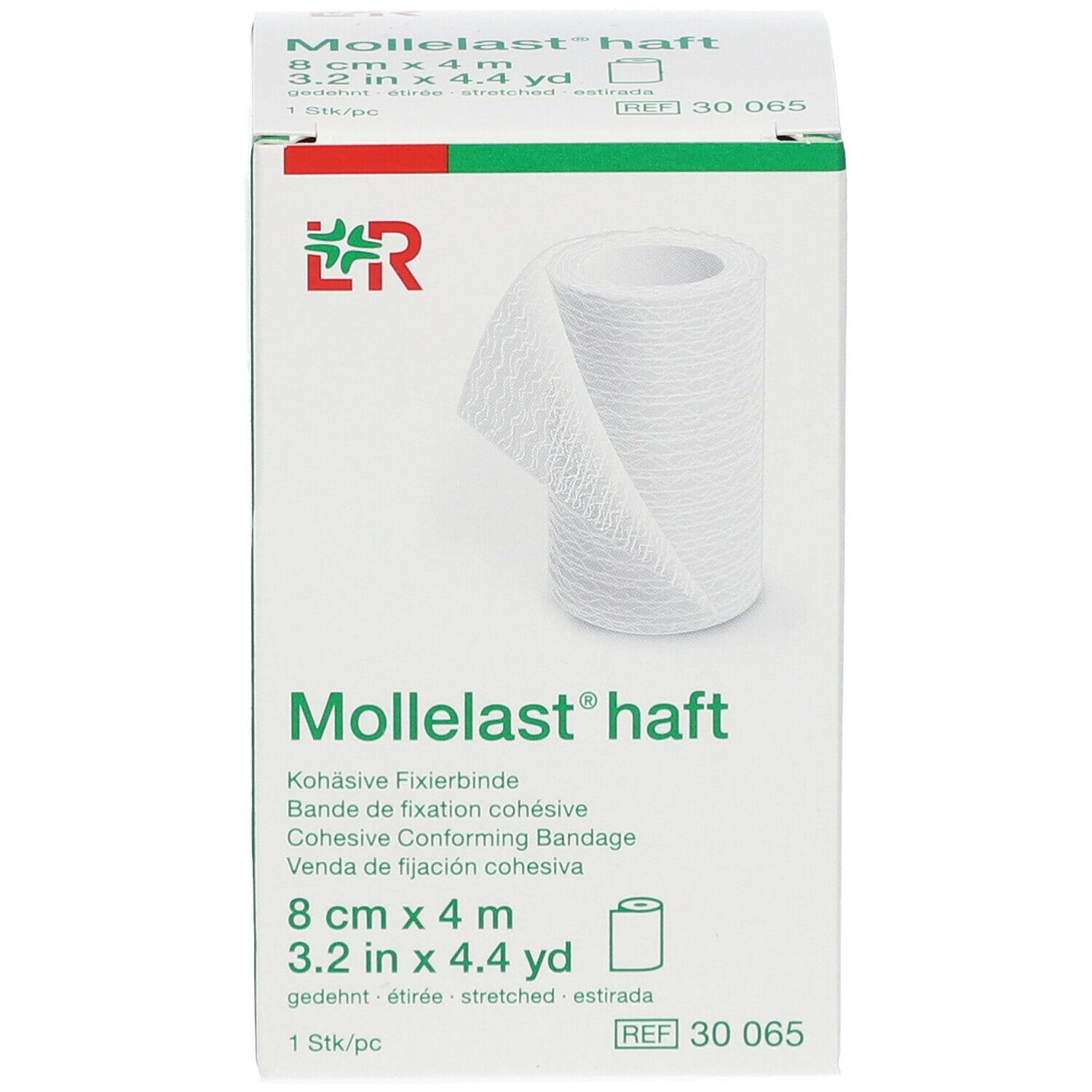Boîte de bandage de fixation cohésif blanc. Dimensions : 8 cm x 4 m. Rouleau partiellement déroulé.