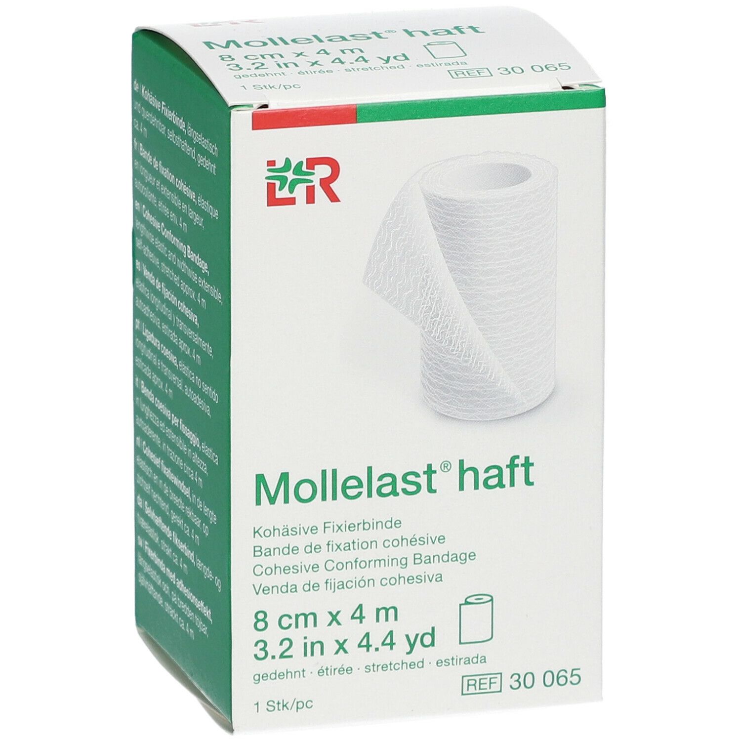 Boîte de bandage de fixation cohésif blanc. Dimensions : 8 cm x 4 m. Rouleau partiellement déroulé.