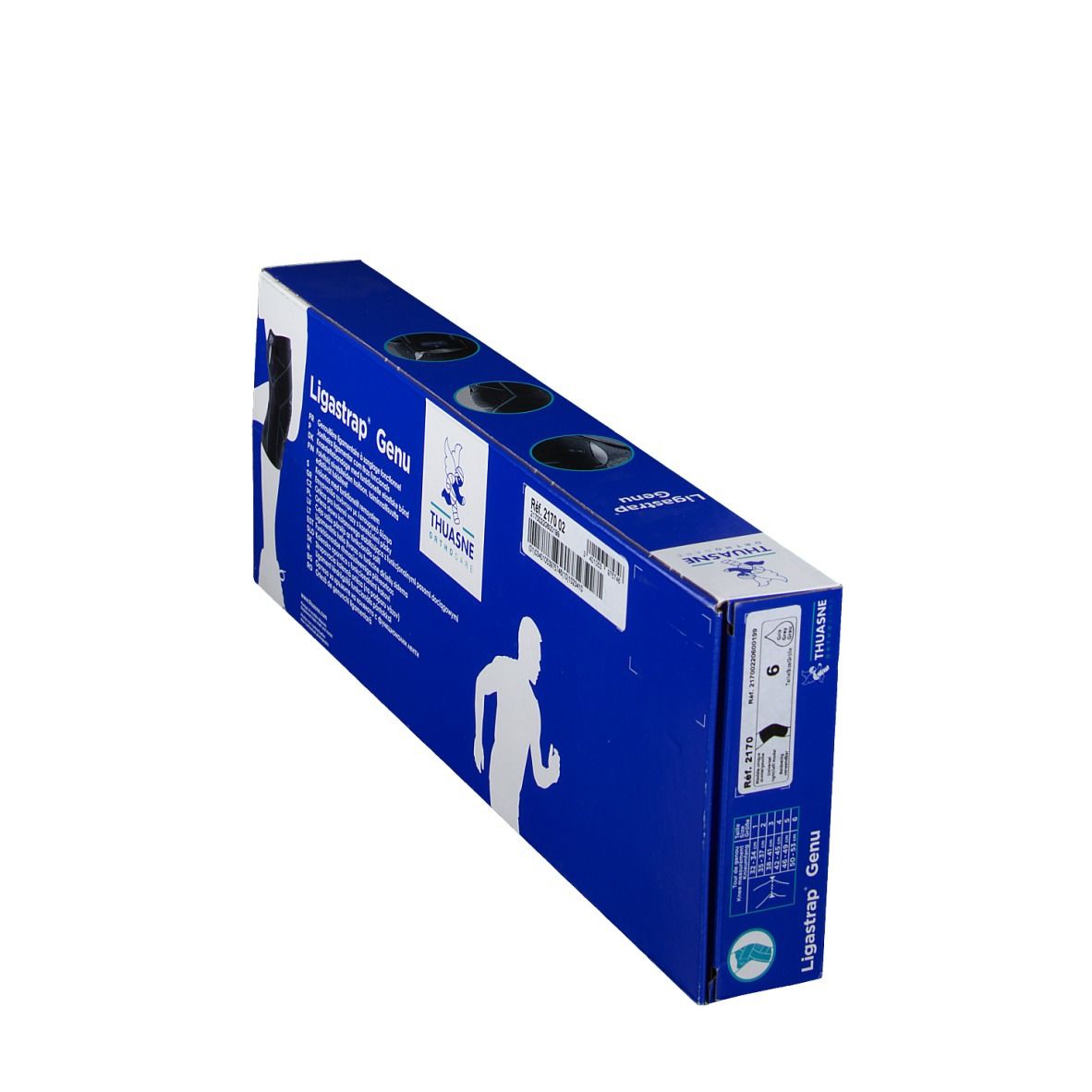 Emballage bleu, vue oblique. Texte : Ligastrap Genu, THUASNE. Code-barres et autres informations.