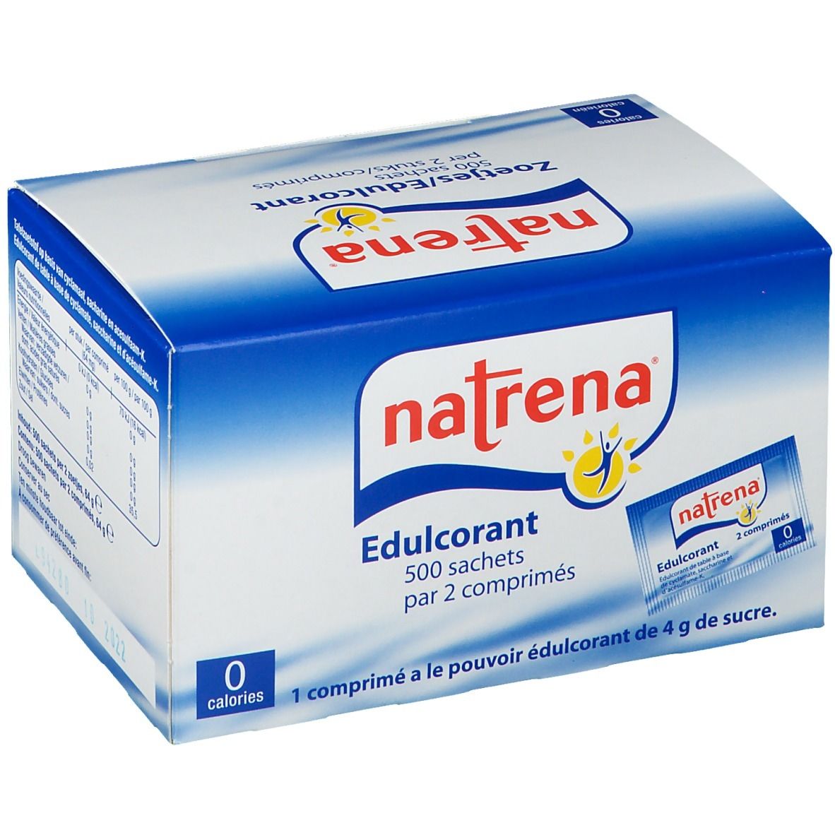Blauw-witte doos met "natrena" logo en "Edulcorant". Bevat 500 sachets met 2 tabletten. 0 calorieën.