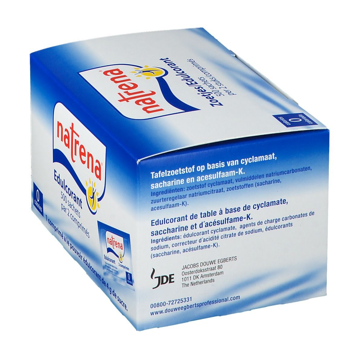 Doos "natrena" Edulcorant. Bevat 500 sachets met 2 tabletten. Ingrediëntenlijst en voedingswaarde. 0 calorieën.