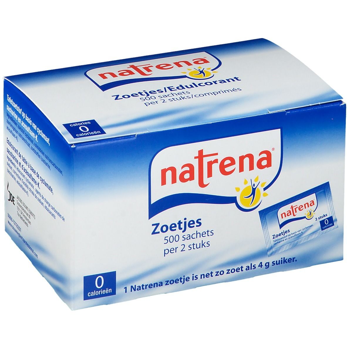 Blauw-witte doos met "natrena" logo en "Zoetjes/Edulcorant". Bevat 500 sachets met 2 tabletten. 0 calorieën.