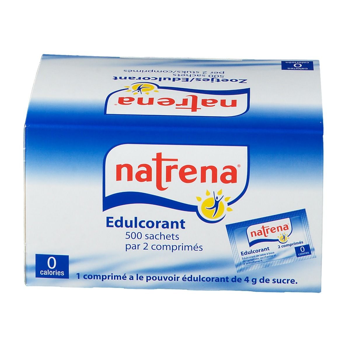 Blauw-witte doos met "natrena" logo en "Edulcorant". Bevat 500 sachets met 2 tabletten. 0 calorieën.