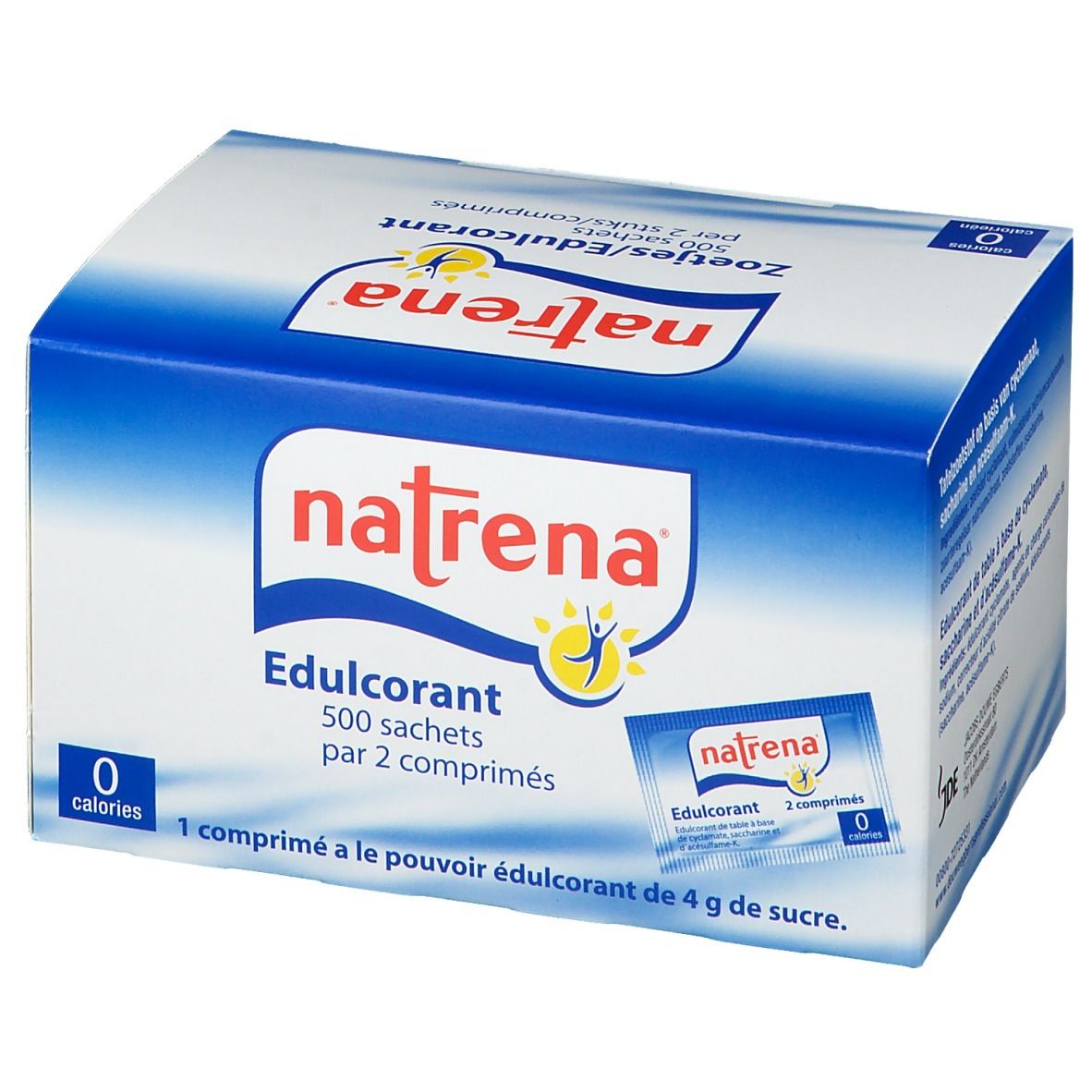 Blauw-witte doos met "natrena" logo en "Edulcorant". Bevat 500 sachets met 2 tabletten. 0 calorieën.