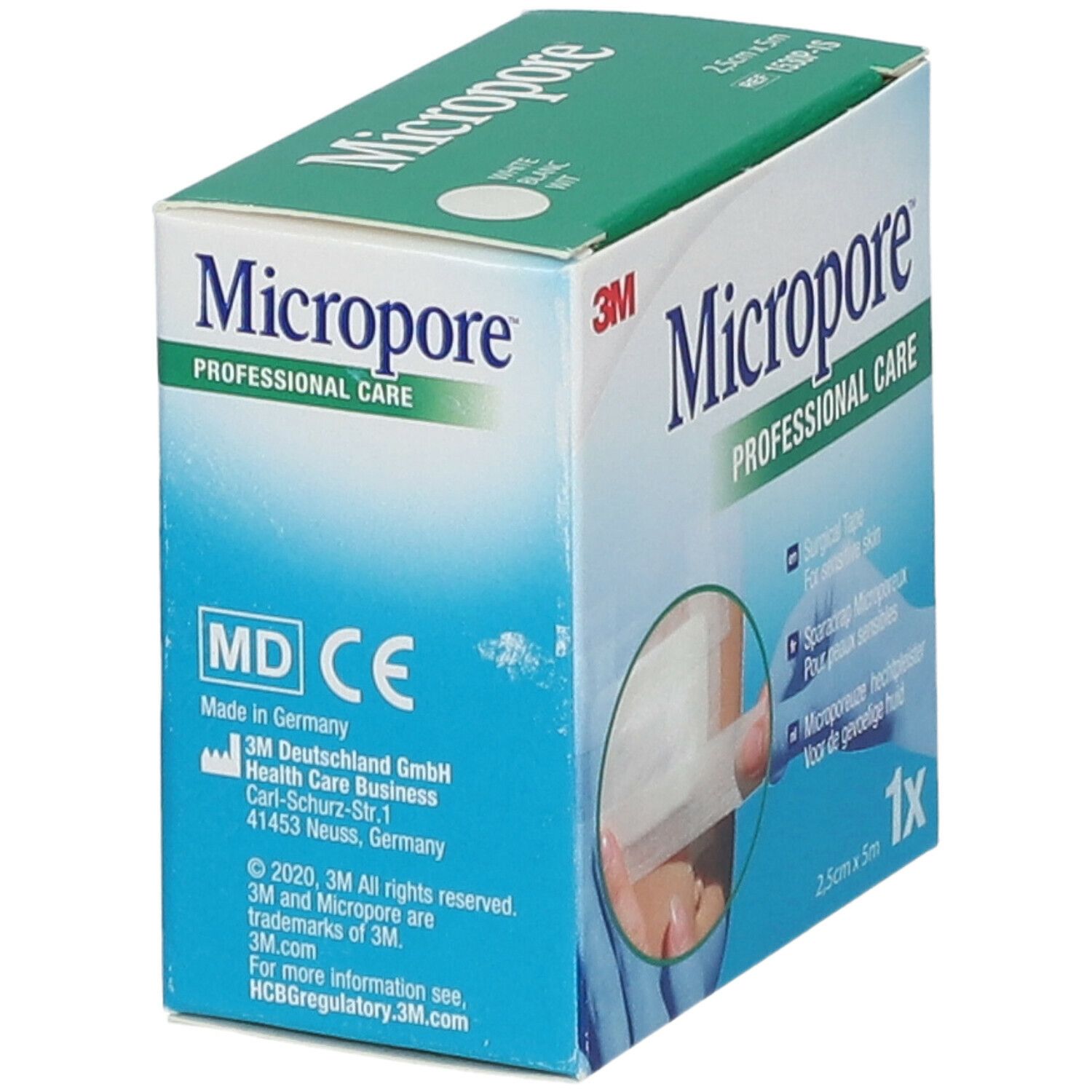 Boîte de 3M Micropore. Inscription: Micropore PROFESSIONAL CARE. Avec marquage CE. Fabriqué en Allemagne.