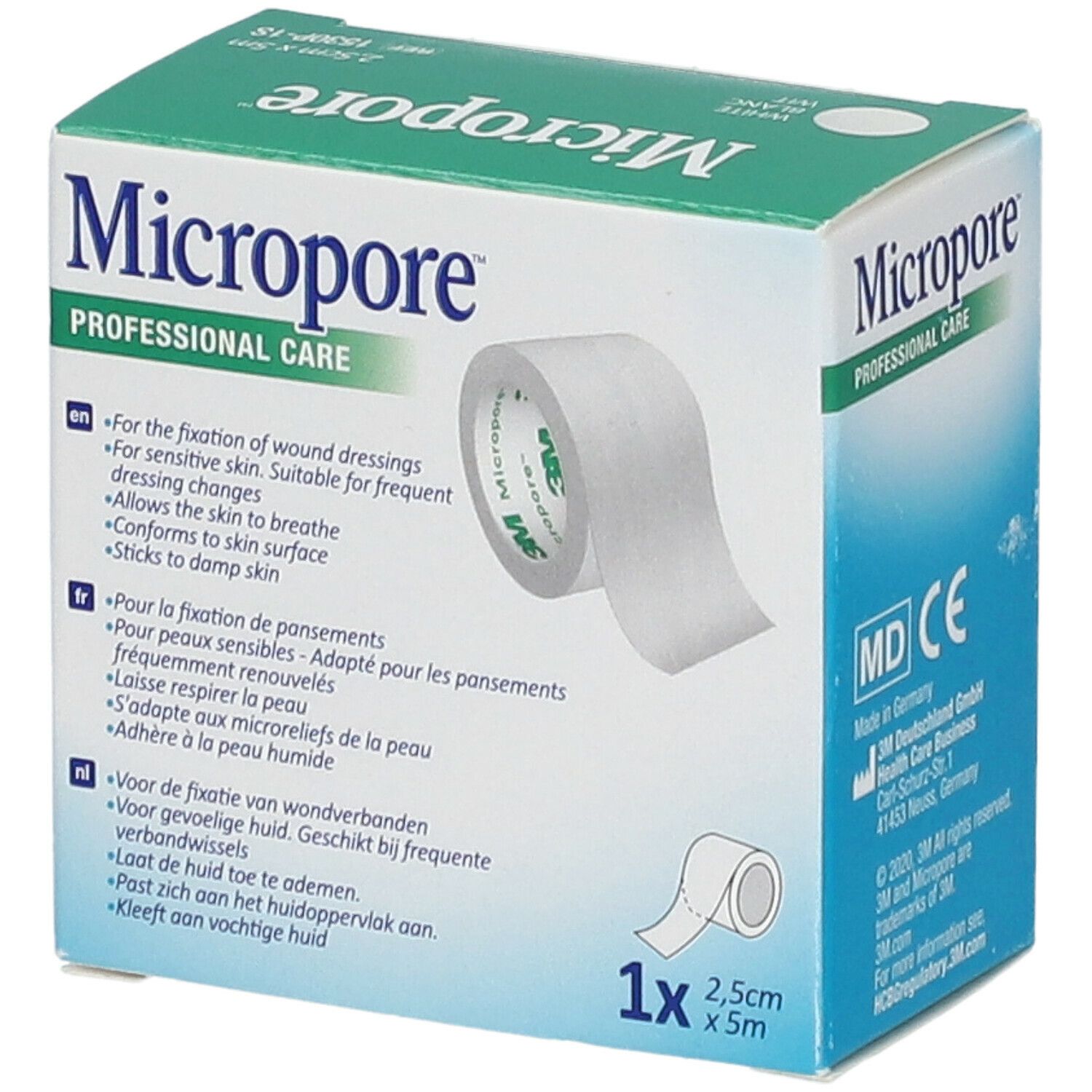 Boîte de 3M Micropore. Rouleau de ruban chirurgical blanc. Inscription: Micropore PROFESSIONAL CARE. 2,5 cm x 5 m.