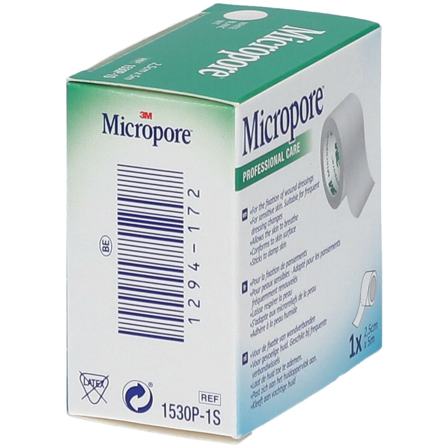 Boîte de 3M Micropore. Rouleau de ruban chirurgical blanc. Inscription: Micropore PROFESSIONAL CARE. 2,5 cm x 5 m.
