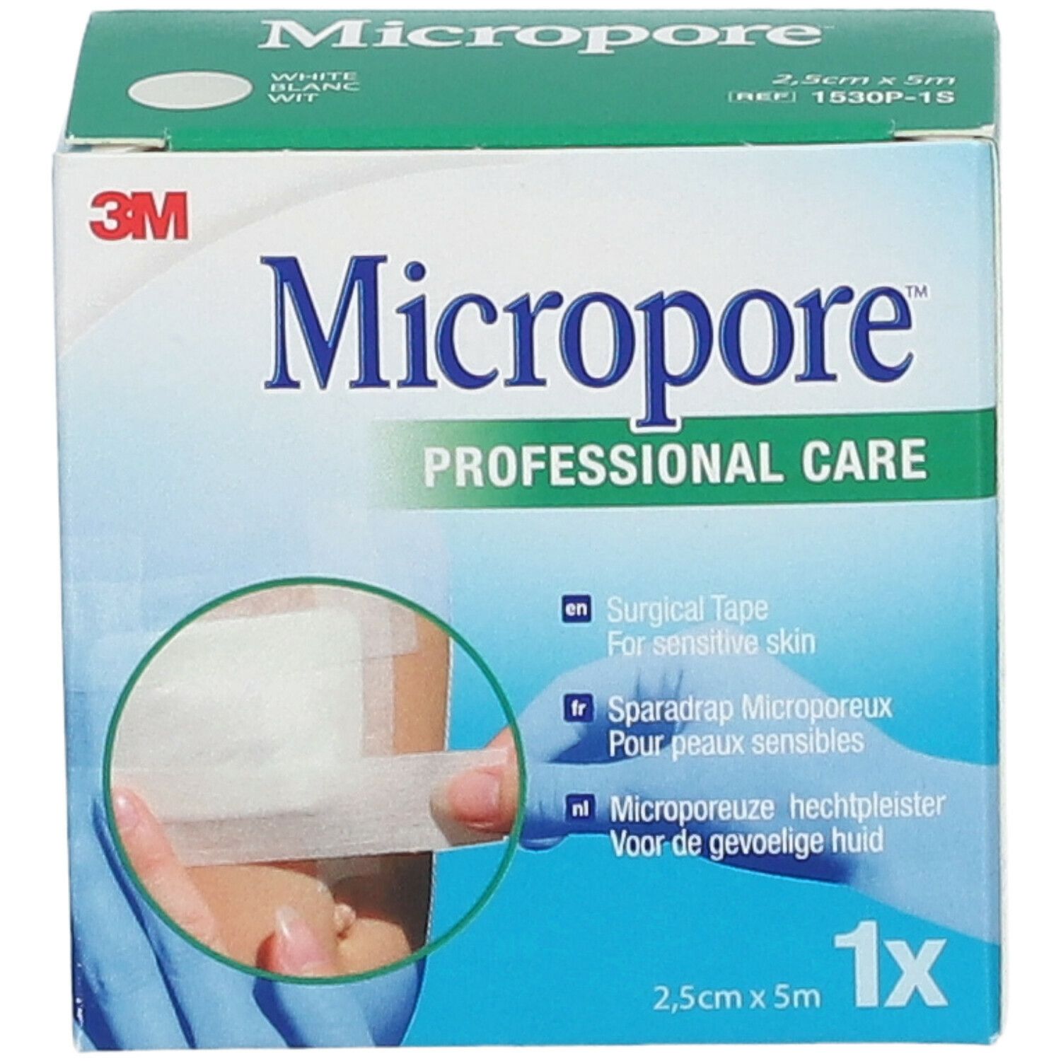 Boîte de 3M Micropore. Ruban chirurgical blanc, 2,5 cm x 5 m. Inscription: Micropore PROFESSIONAL CARE.