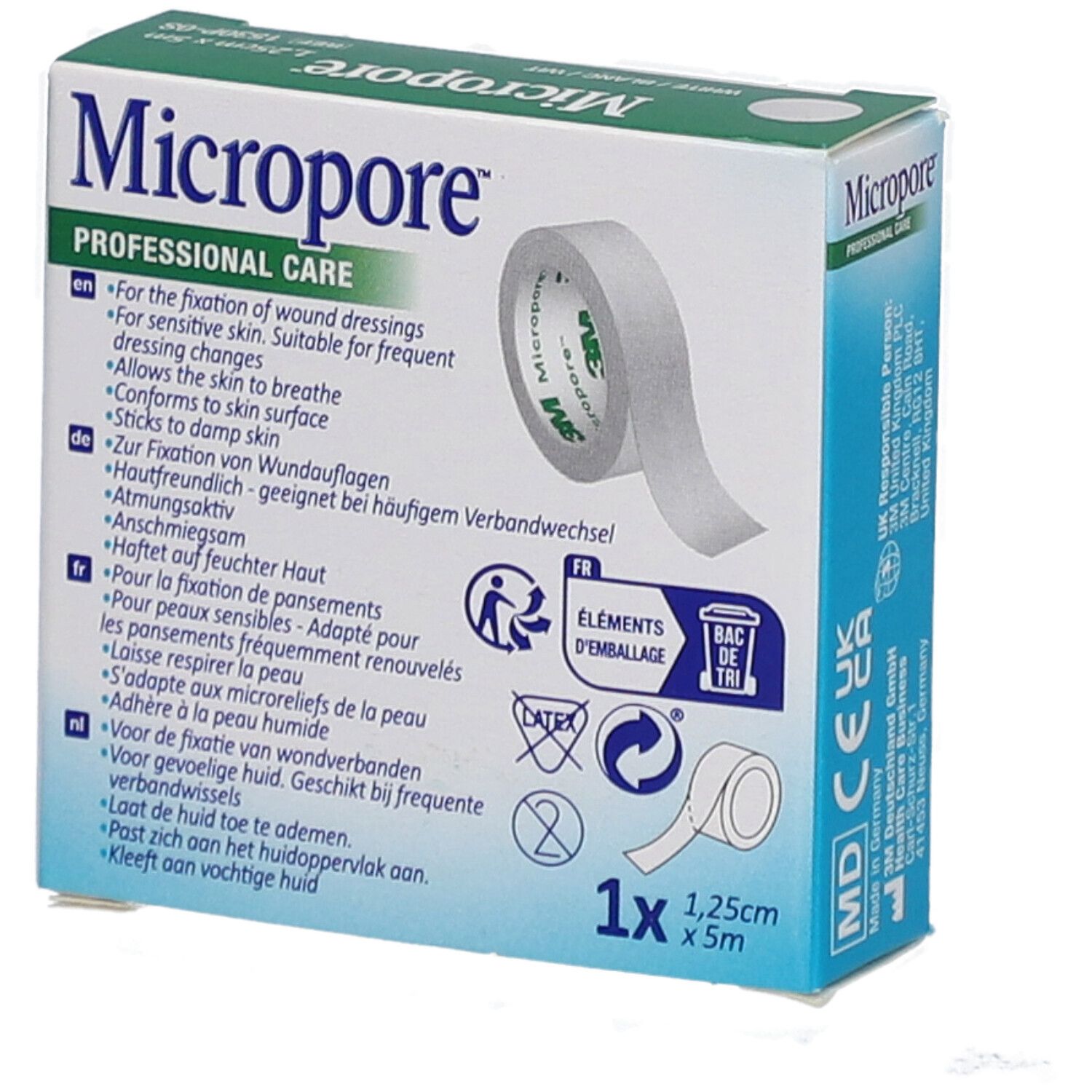 Boîte de sparadrap Micropore 3M. 1,25cm x 5m. Inscription: Professional Care. Contient des informations d'utilisation.