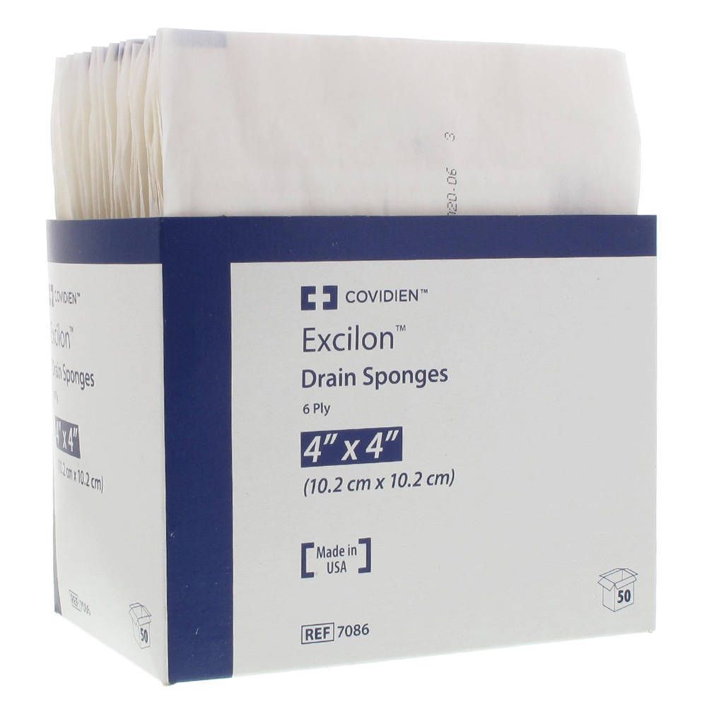 Verpakking Excilon Drain Sponges, 4" x 4" (10,2 cm x 10,2 cm), 6-laags. Merk Covidien. Gemaakt in de VS. Bevat 50 stuks.