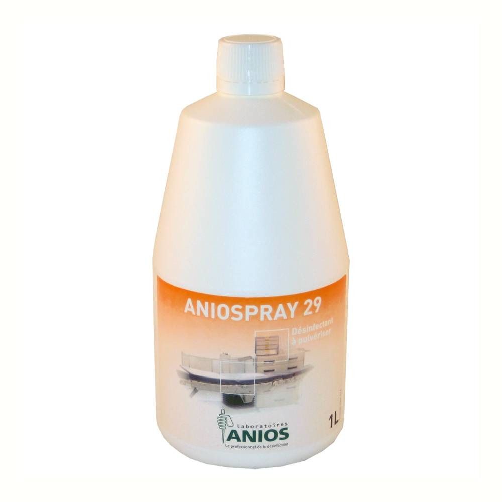 Flacon blanc avec étiquette orange. Inscriptions : ANIOSPRAY 29, 1L et logo ANIOS. Flacon avec bouchon à vis.