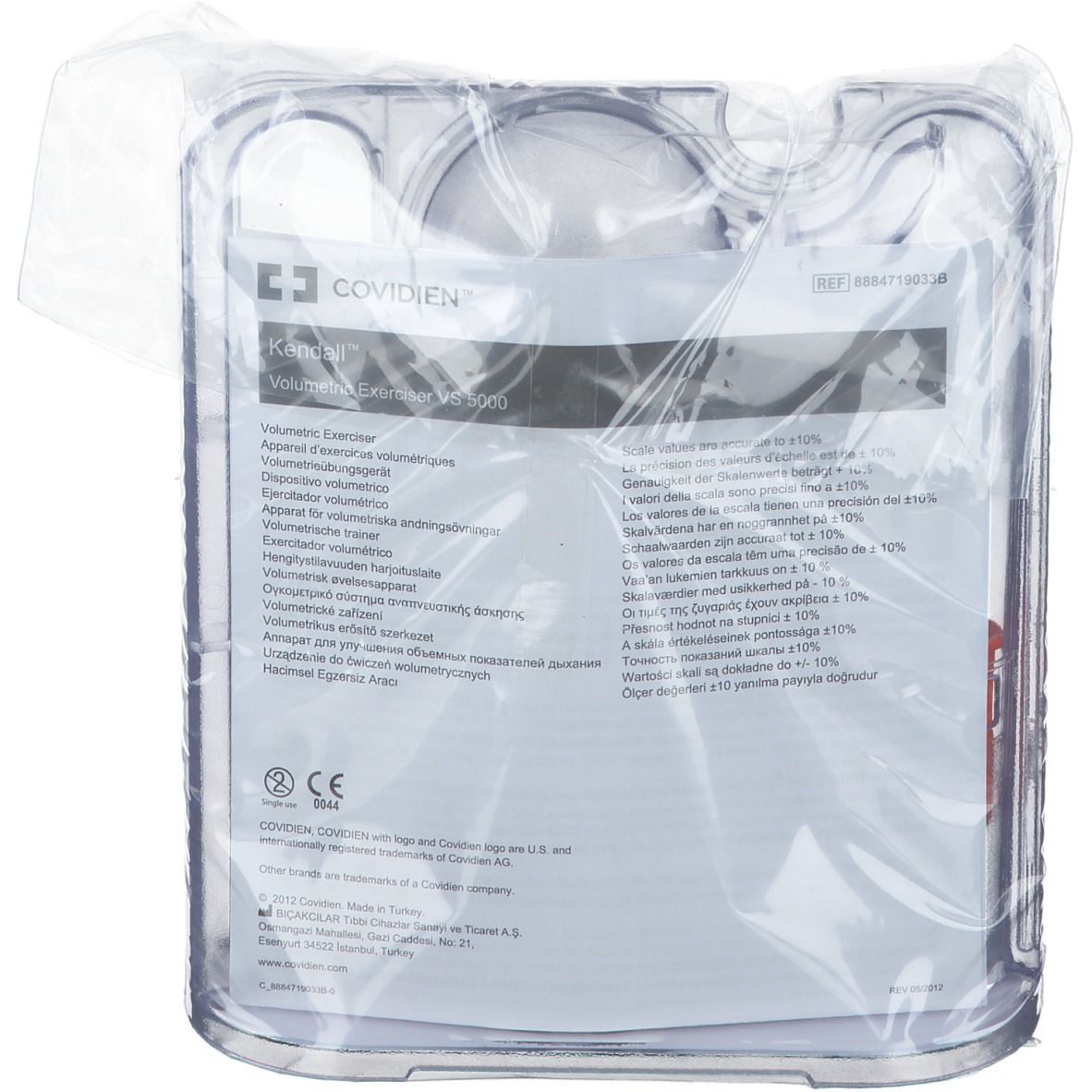 VOLDYNE 5000® Spirometer in Verpackung. Transparente Kunststoffverpackung. Produktinformationen und CE-Kennzeichnung sichtbar.