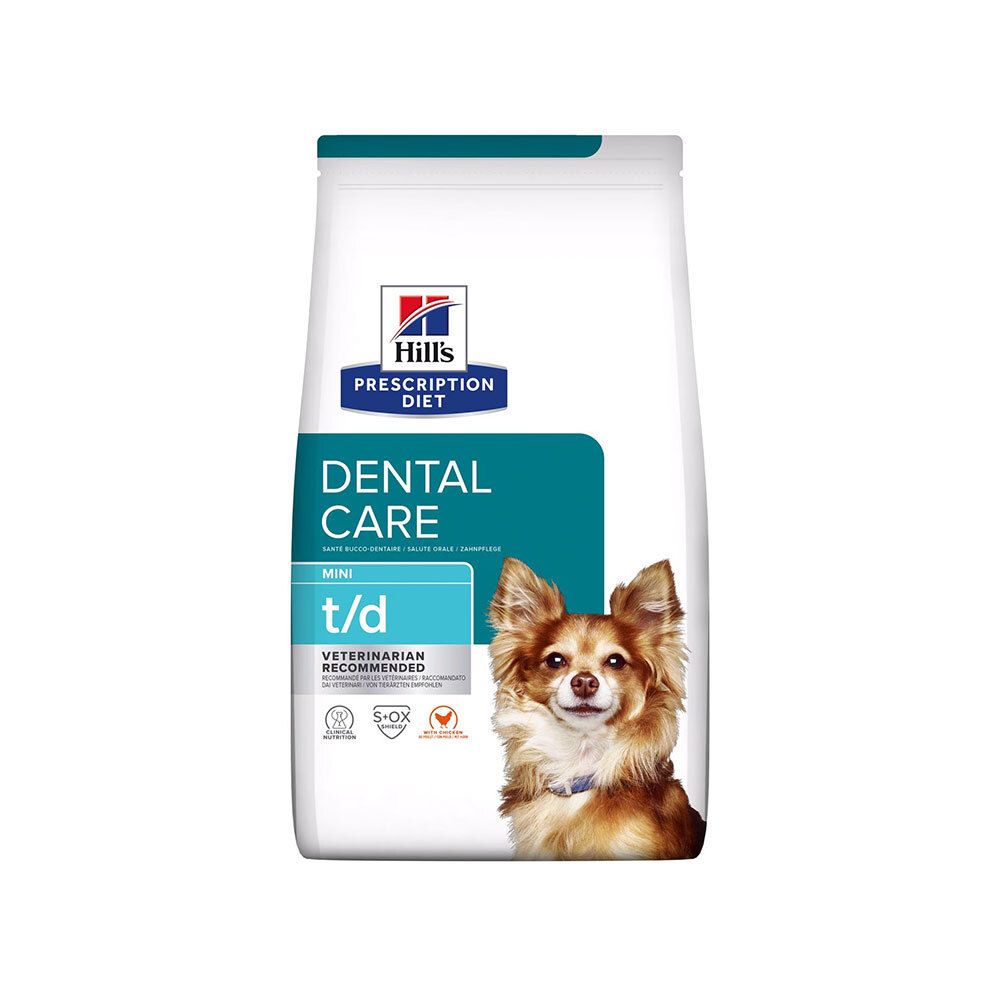 Sac de nourriture pour chiens avec nom de produit et chien. Inscription : Dental Care Mini t/d. Recommandé par les vétérinaires. Au poulet.