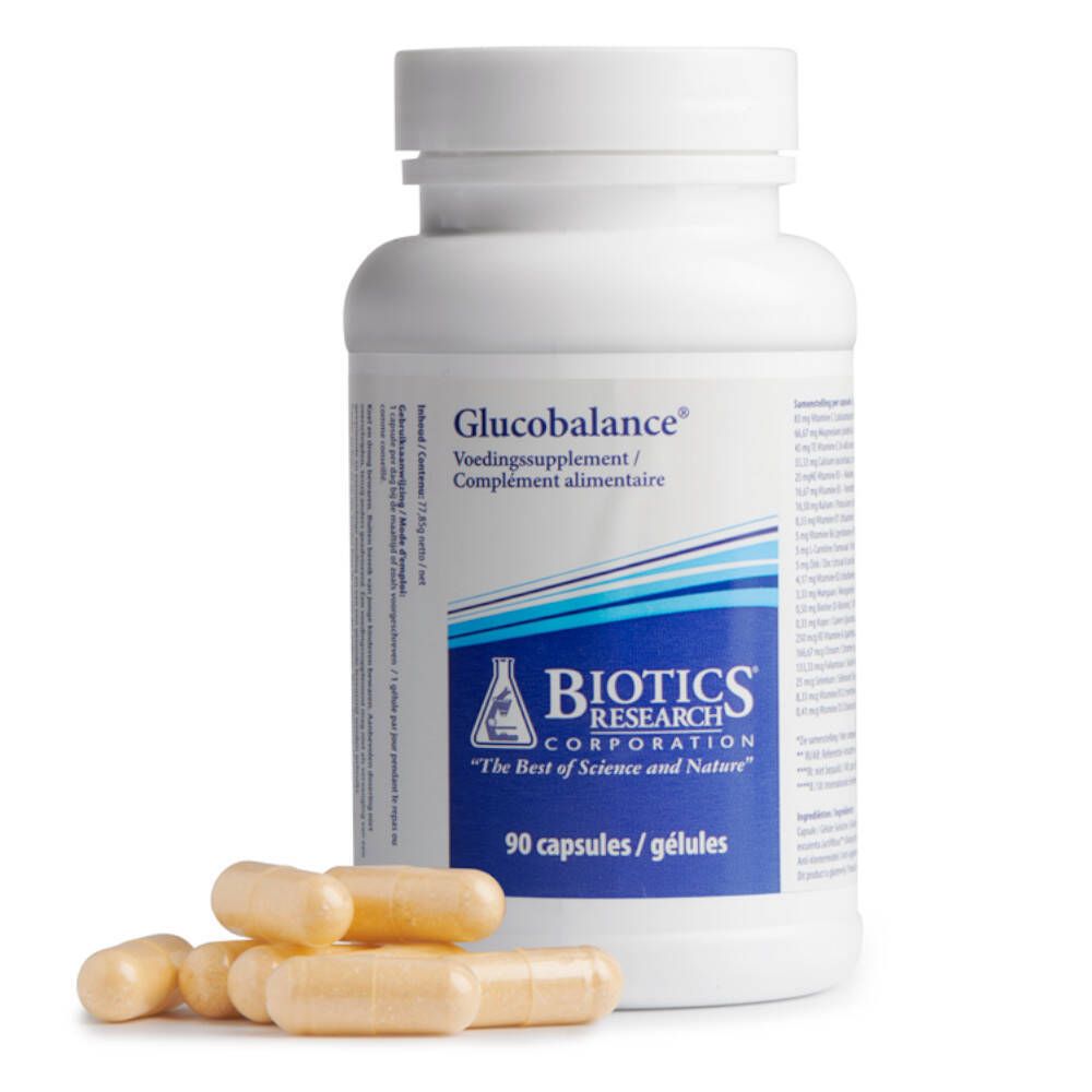 Flacone bianco Glucobalance con capsule. 90 capsule. Logo Biotics Research.