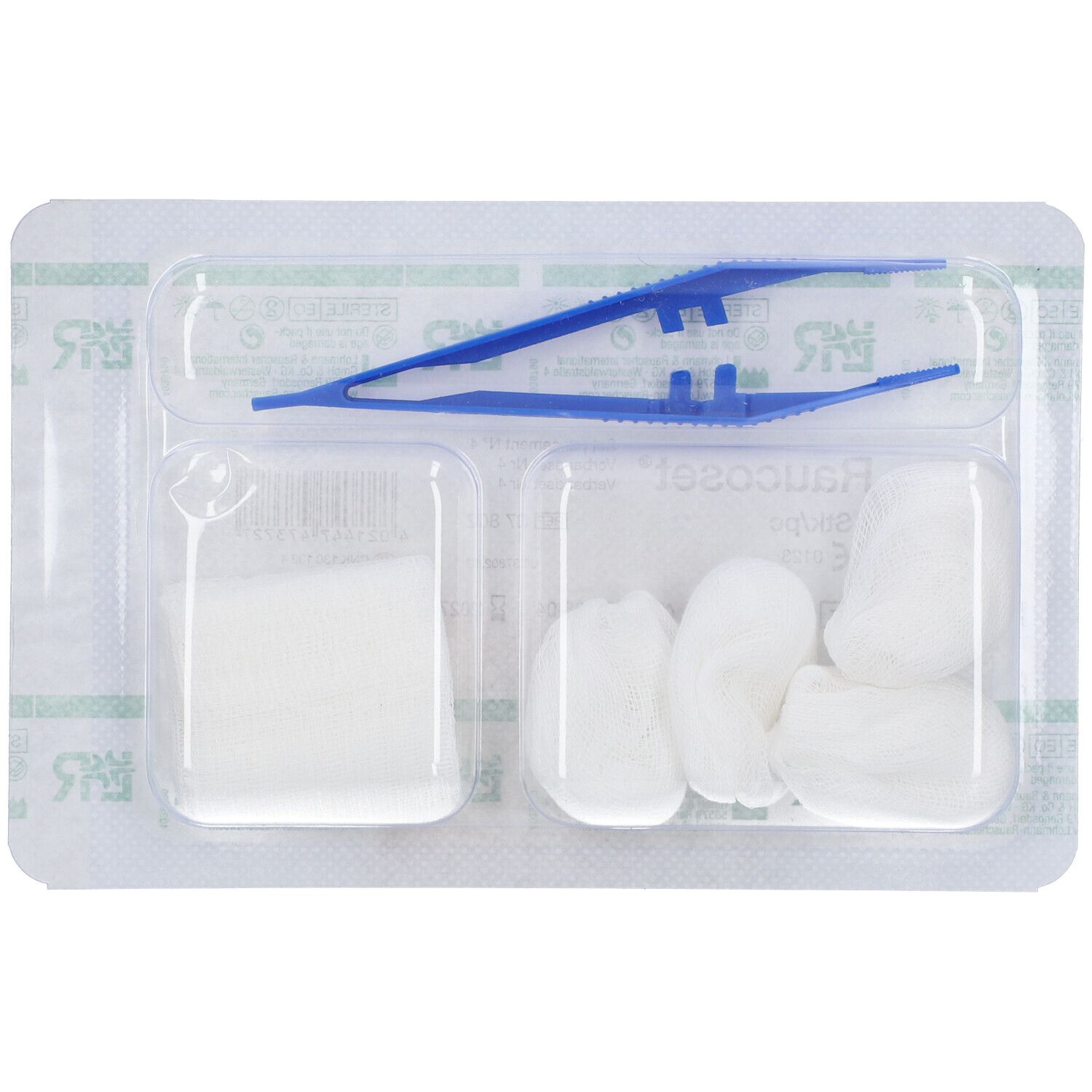 Steriele set in blisterverpakking. Bevat blauwe pincet, wattenpads en wattenbolletjes.