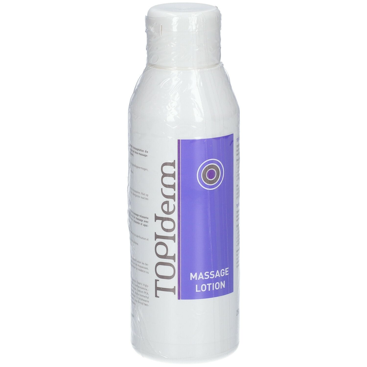 Flacon blanc avec étiquette violette. Inscription: TOPIderm Massage Lotion. Emballé dans du film plastique.
