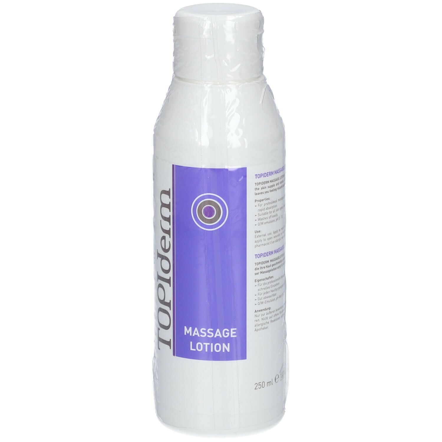 Flacon blanc avec étiquette violette. Inscription: TOPIderm Massage Lotion. 250 ml. Emballé.