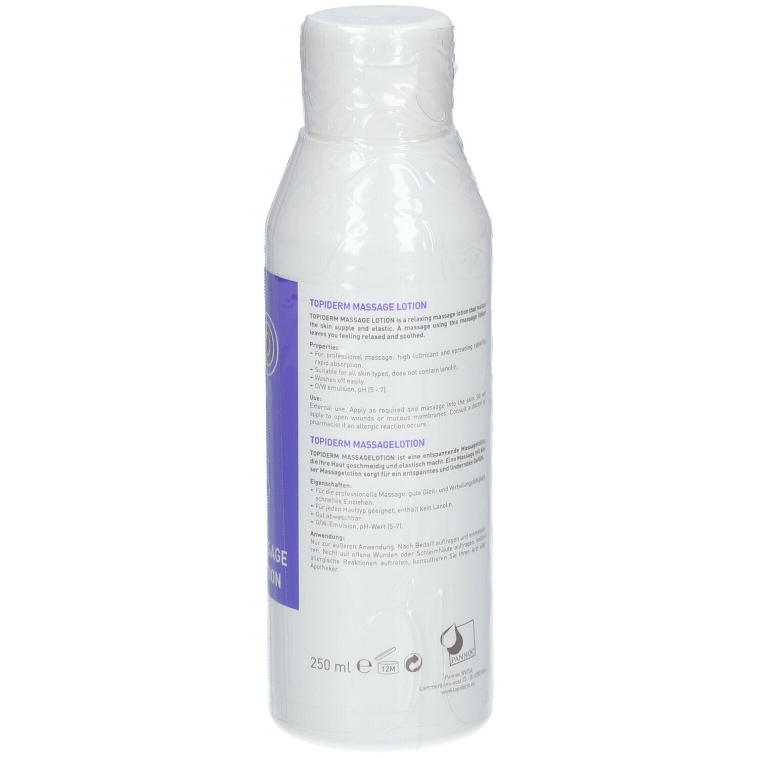 Dos du flacon blanc. Texte en plusieurs langues. 250 ml. Emballé dans du film plastique.