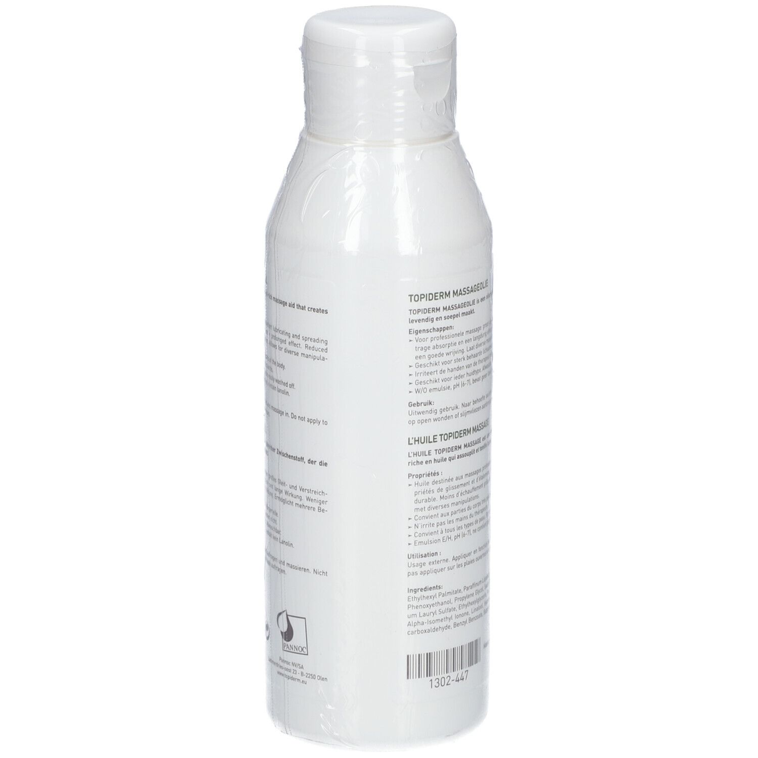 Dos de la bouteille blanche avec étiquette verte. Texte multilingue. Bouchon blanc et film plastique.