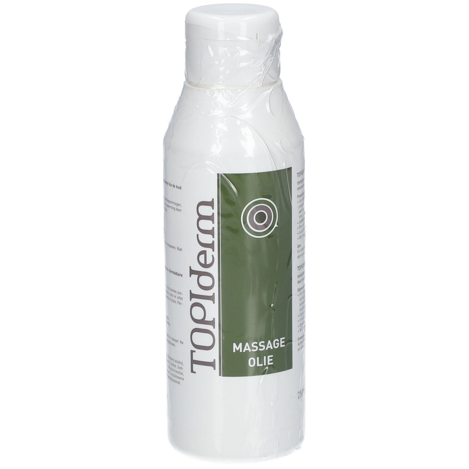 Bouteille blanche avec étiquette verte. Inscription TOPIderm et Massage Öl. Bouchon blanc et film plastique.