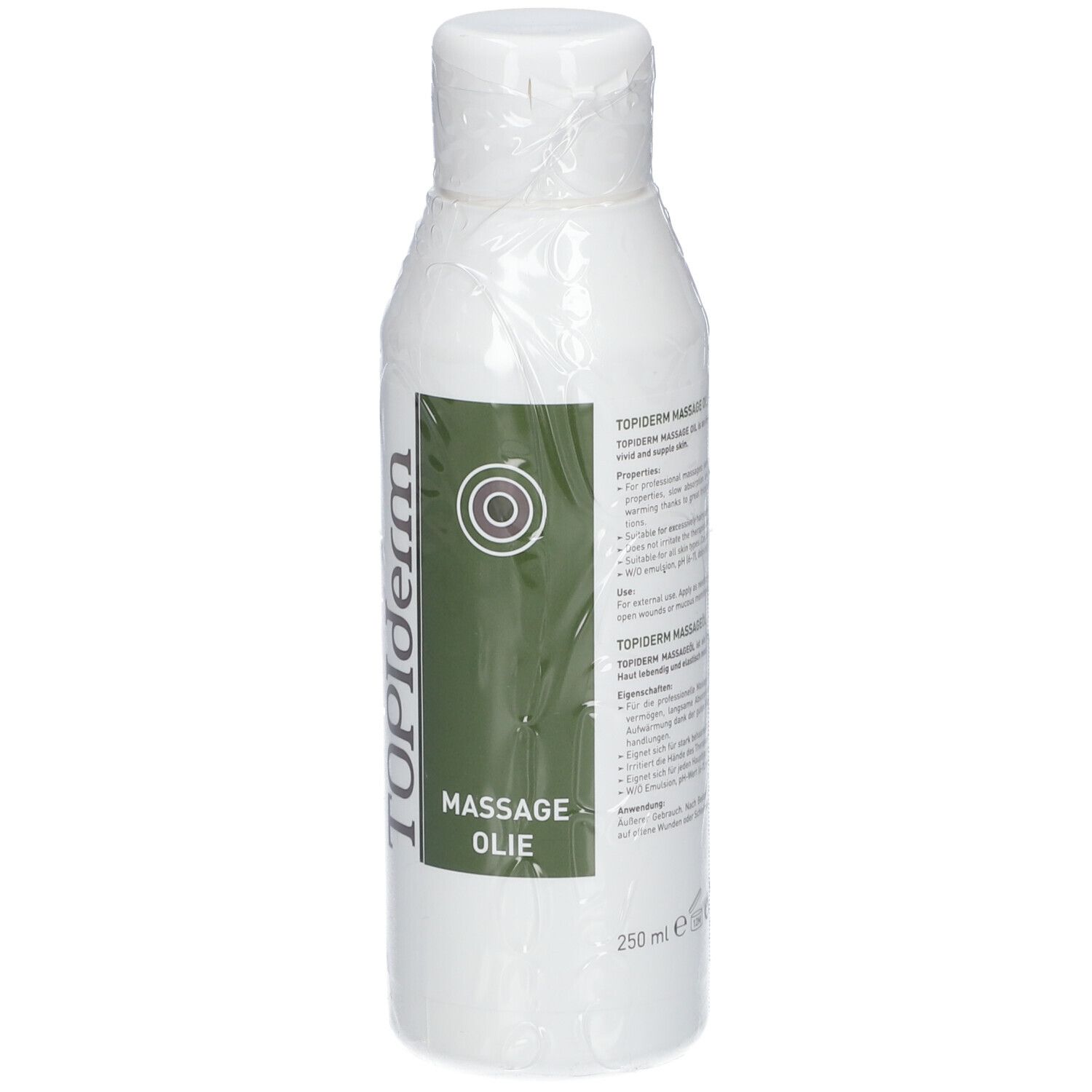 Bouteille blanche avec étiquette verte. Inscription TOPIderm et Massage Öl. Bouchon blanc et film plastique.
