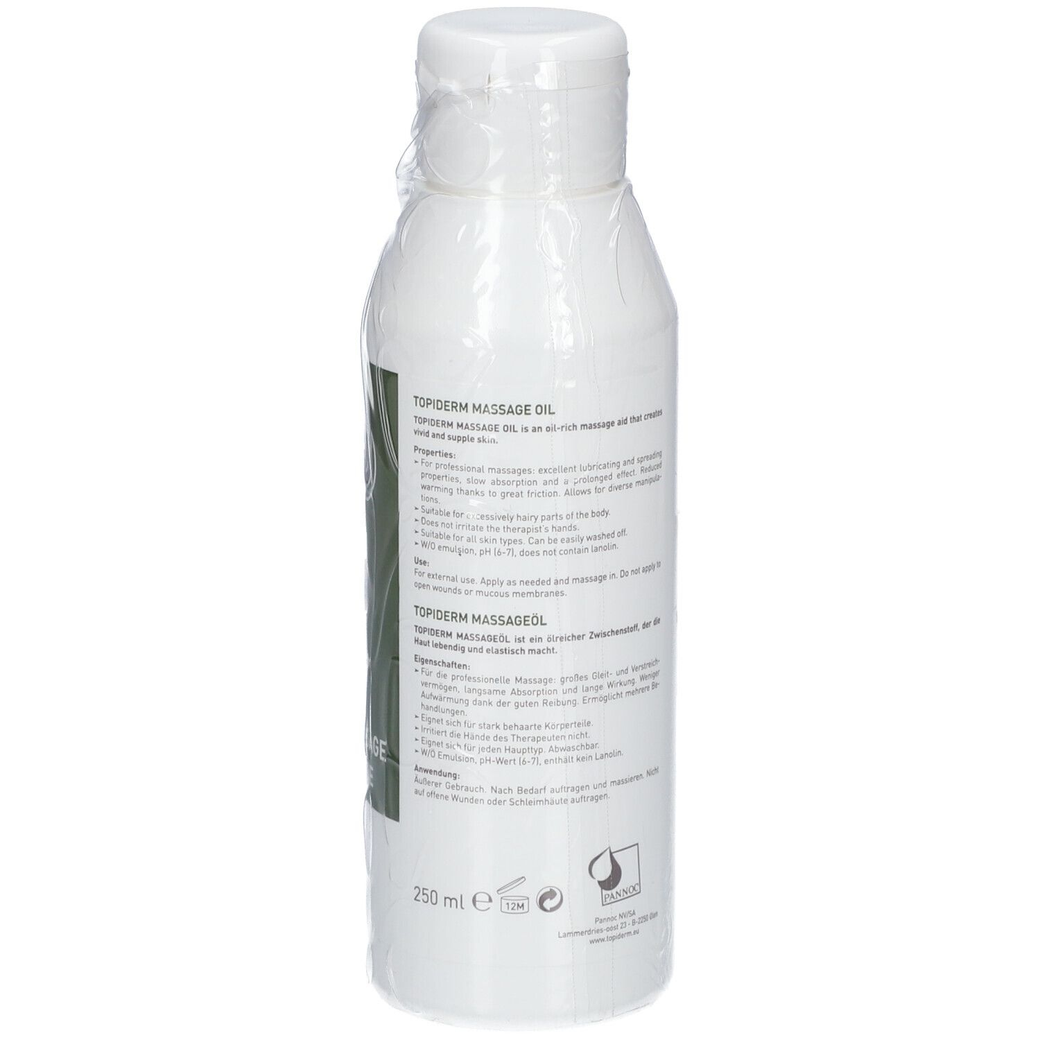 Dos de la bouteille blanche avec étiquette verte. Texte multilingue. Bouchon blanc et film plastique.