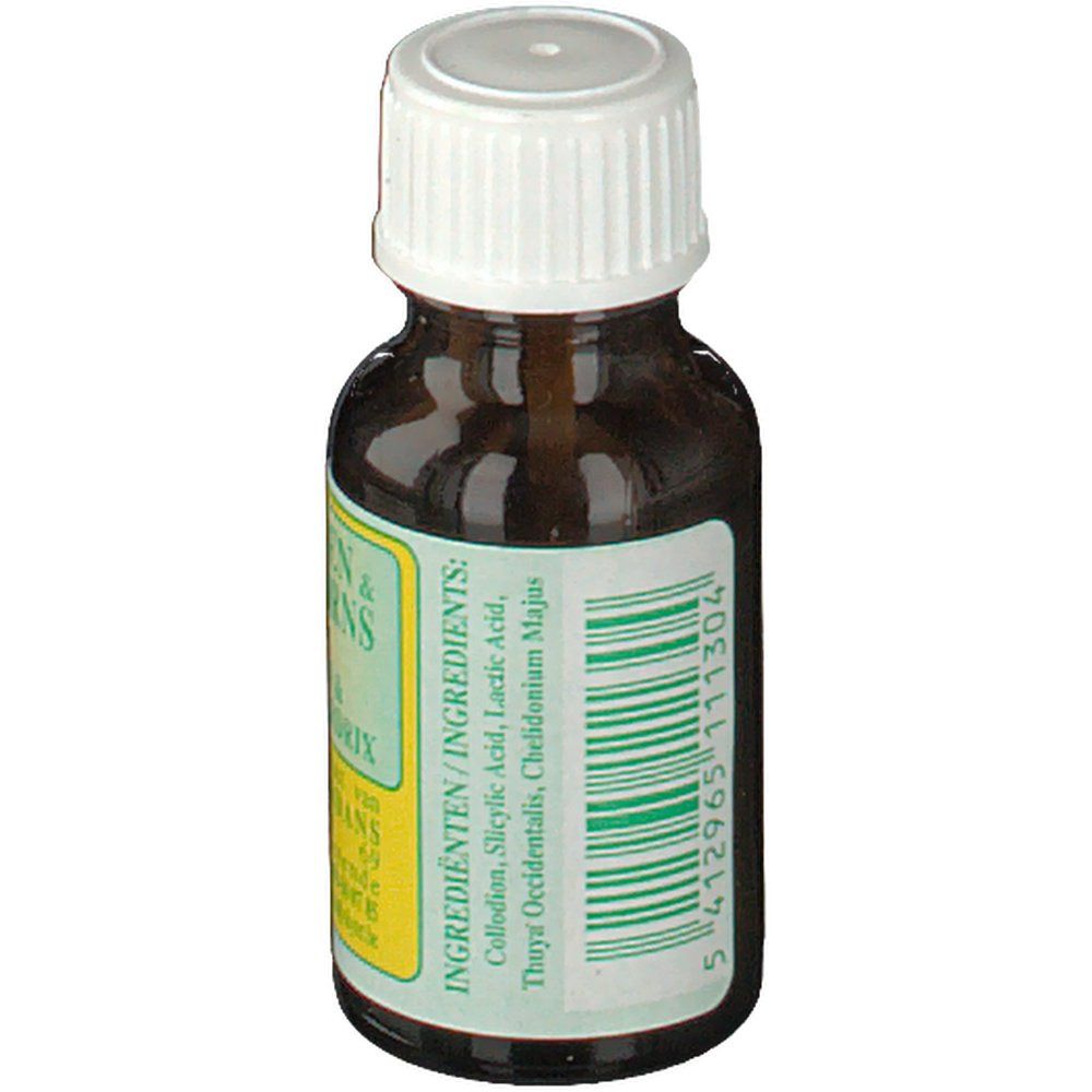 Flacon en verre brun avec bouchon à vis blanc. Étiquette avec ingrédients : acide salicylique, acide lactique, Thuja Occidentalis, etc. Code-barres.
