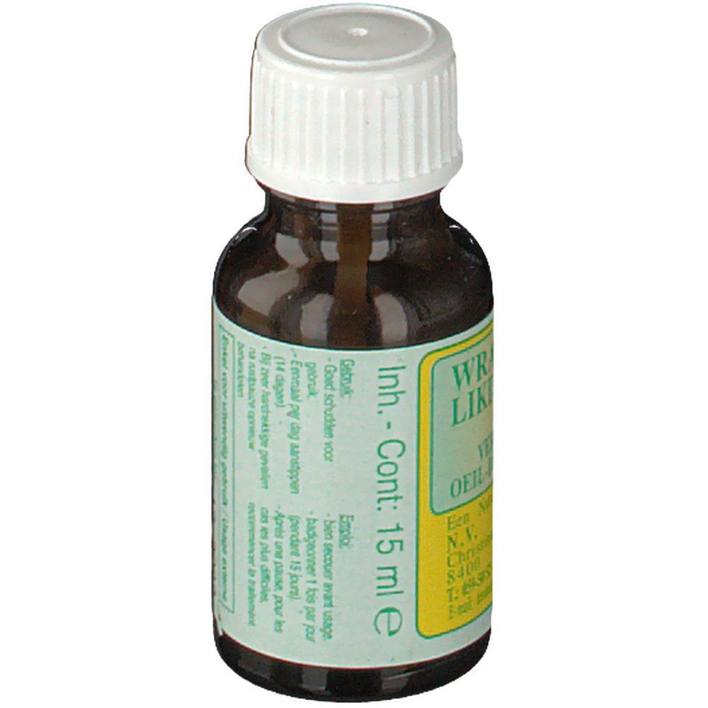 Flacon en verre brun avec bouchon à vis blanc. Étiquette avec indication de contenu : 15 ml. Texte en néerlandais et français.