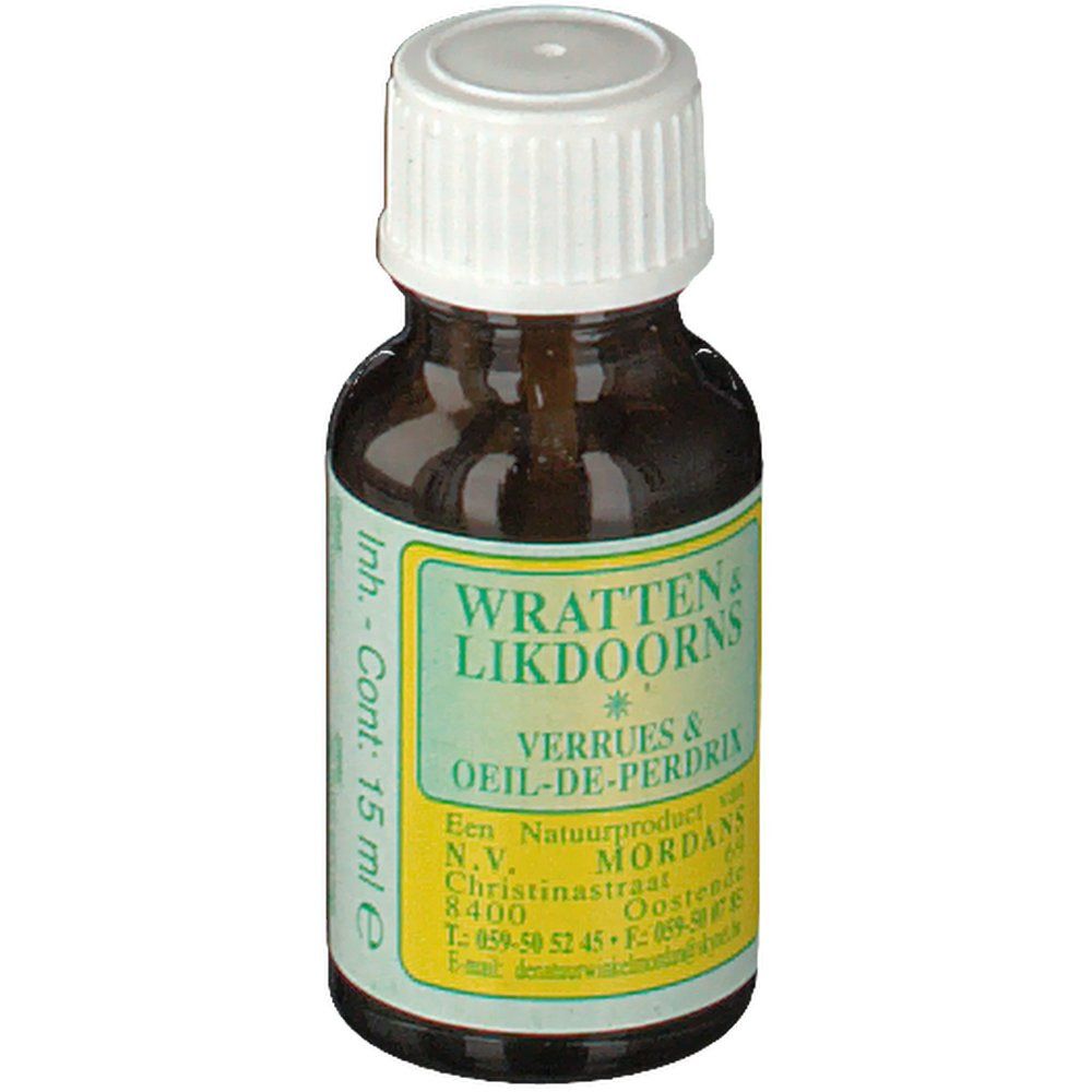 Flacon en verre brun avec bouchon à vis blanc. Étiquette avec texte vert : Wratten & Likdoorns, Verrues & Oeil-de-perdrix. 15 ml.