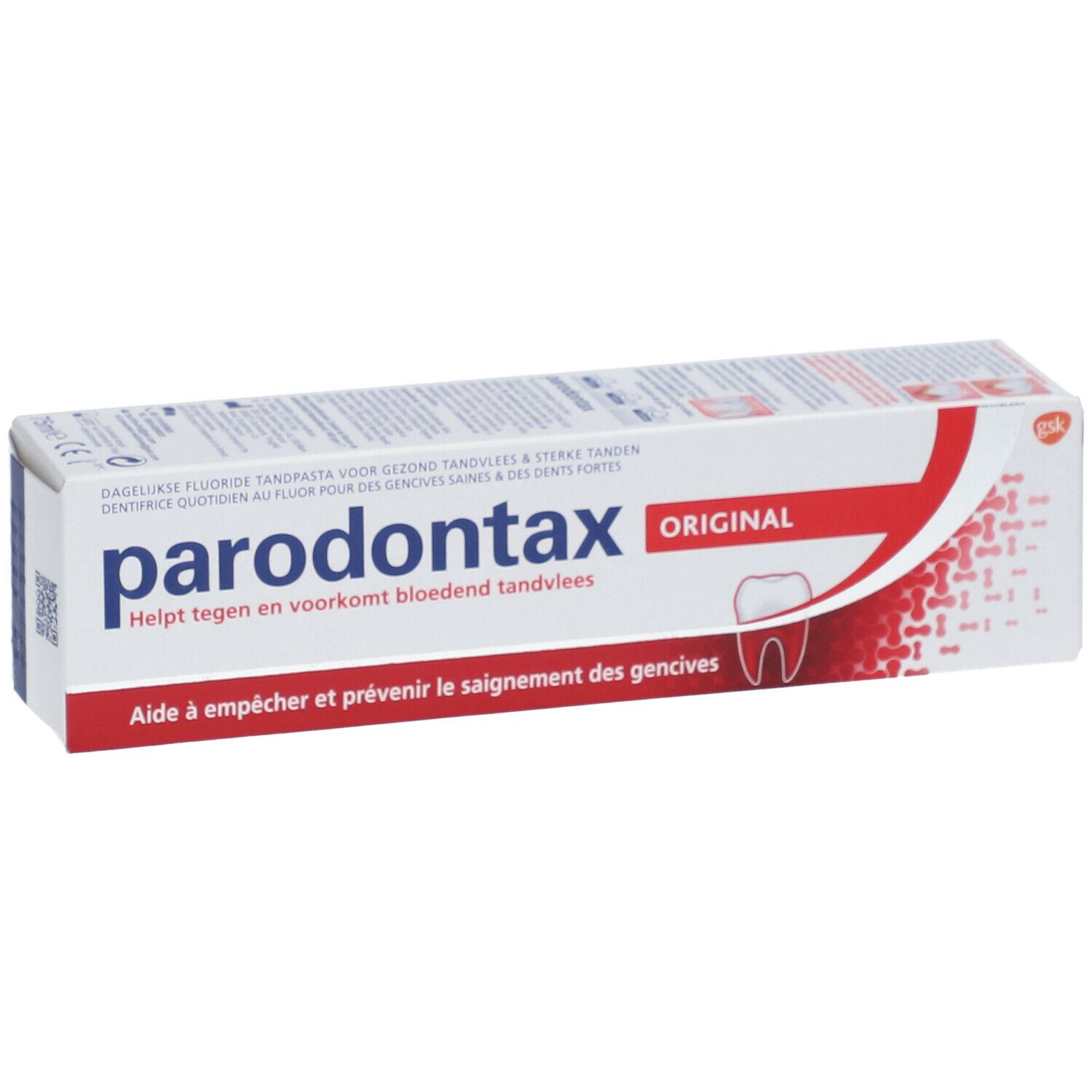 Confezione di dentifricio bianca e rossa. Scritta: Parodontax Original. Aiuta a prevenire il sanguinamento gengivale.