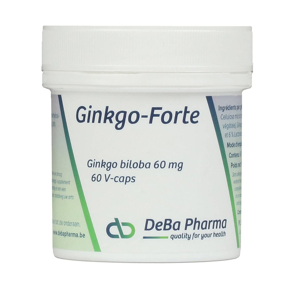 Boîte blanche Ginkgo-Forte. Contient 60 gélules. Logo DeBa Pharma.