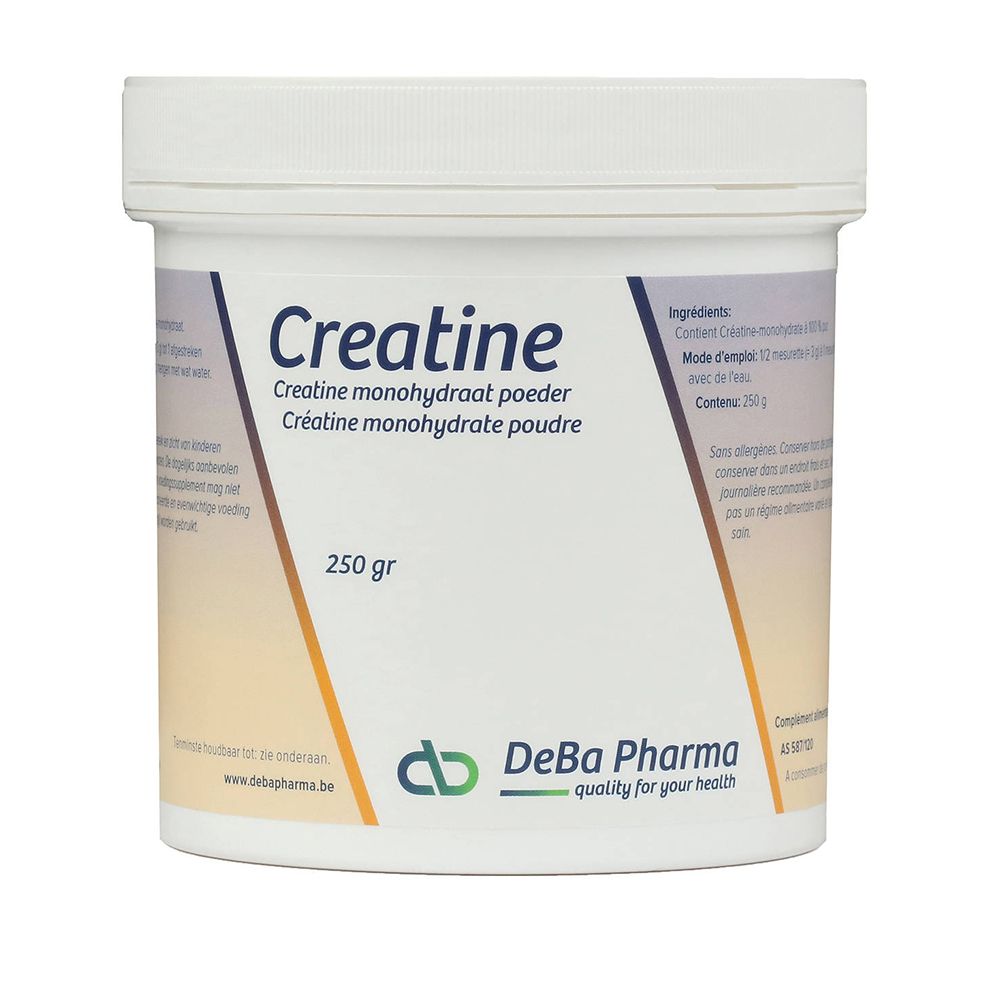 Pot blanc avec couvercle. Inscription : Creatine, 250 gr. Logo DeBa Pharma.