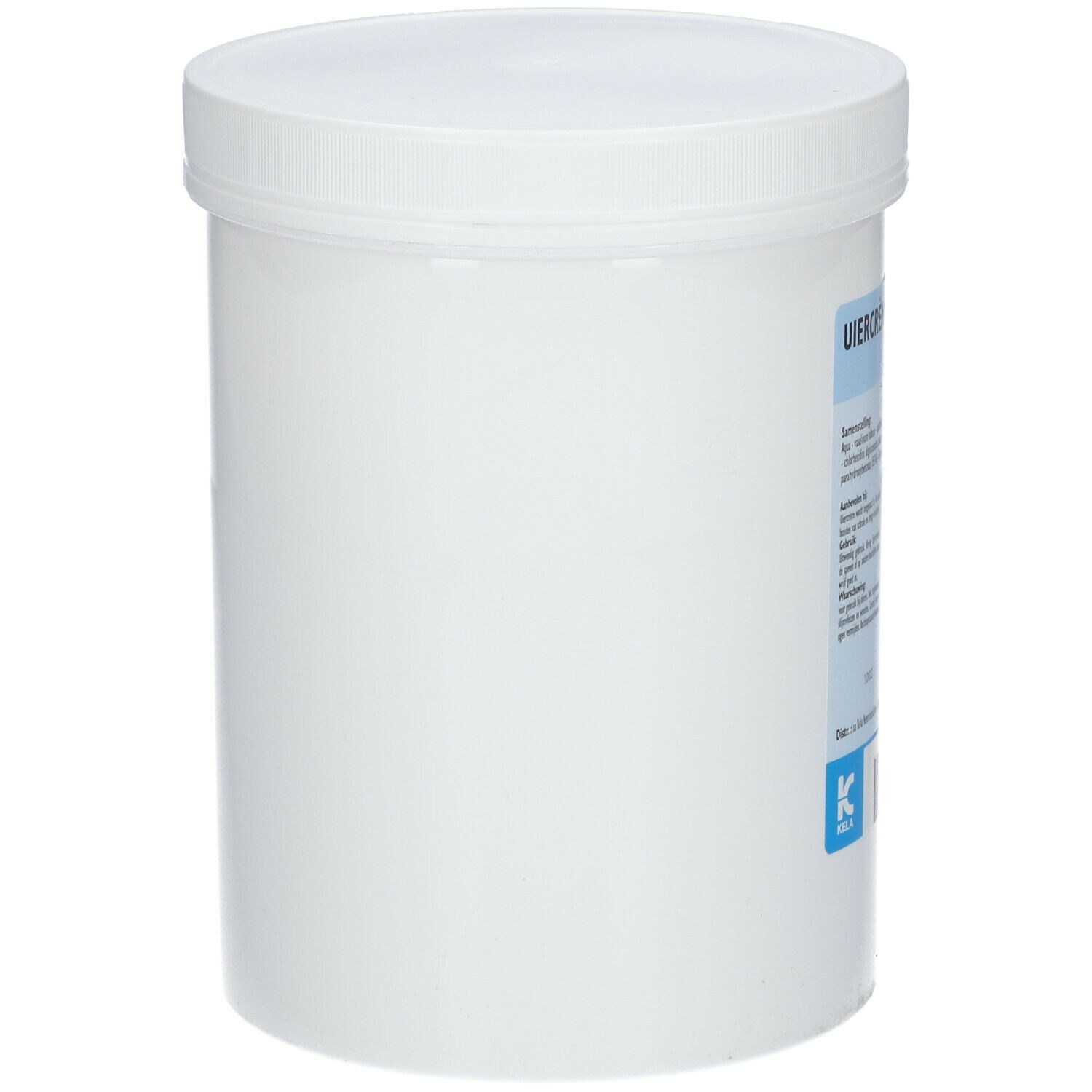 Seau cylindrique blanc avec couvercle. Étiquette d'informations produit sur le côté.