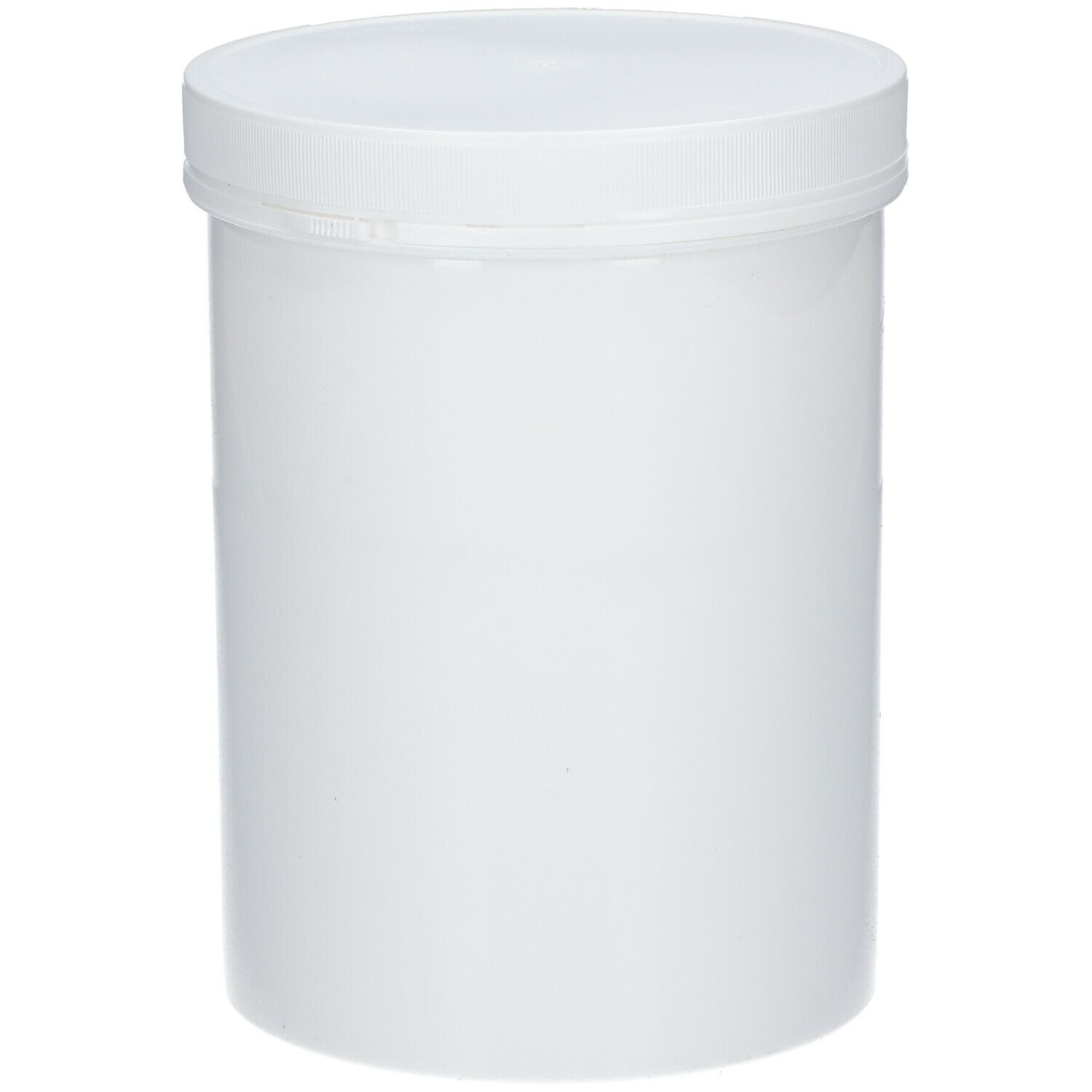 Seau cylindrique blanc avec couvercle. Aucune information produit visible.